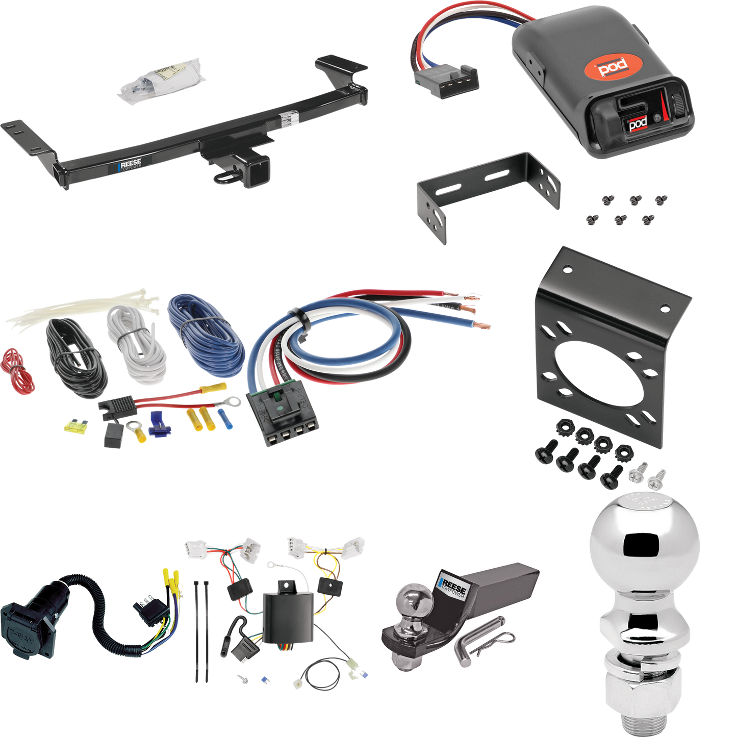 Fits 2009-2014 Nissan Murano Trailer Hitch Tow PKG w/ Pro Series POD Brake Control + Generic BC Wiring Adapter + 7-Way RV Wiring + 2" & 2-5/16" Ball & Drop Mount (Excludes: w/Aero Kit & CrossCabriolet Models) By Reese Towpower