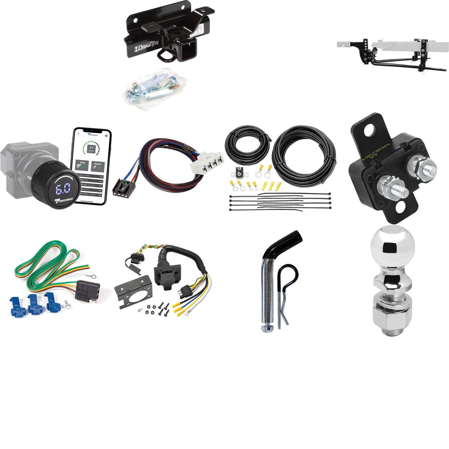 Fits 2004-2005 Dodge Ram 1500 Trailer Hitch Tow PKG w/ 8K Round Bar Weight Distribution Hitch w/ 2-5/16" Ball + 2" Ball + Pin/Clip + Tekonsha Prodigy iD Bluetooth Wireless Brake Control + Plug & Play BC Adapter + 7-Way RV Wiring (Excludes: Daytona/He