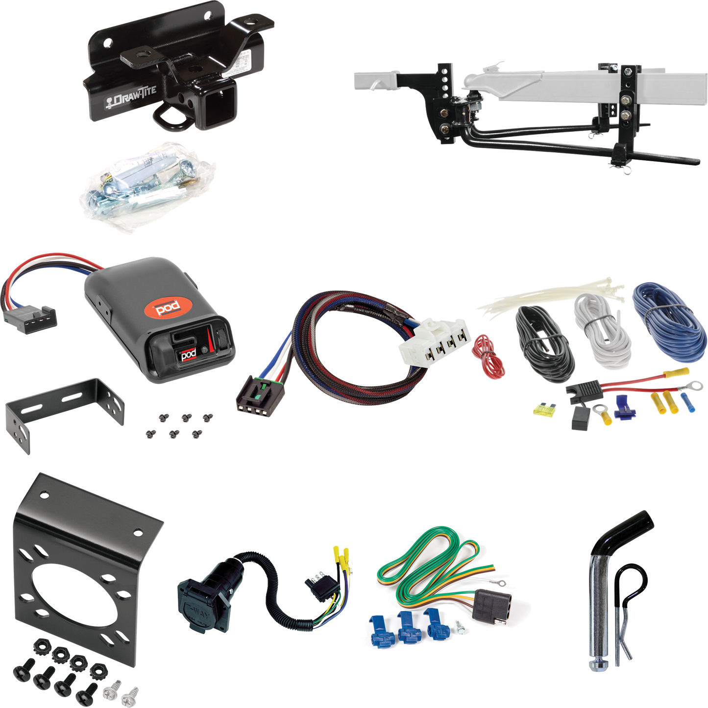 Fits 2004-2005 Dodge Ram 1500 Trailer Hitch Tow PKG w/ 8K Round Bar Weight Distribution Hitch w/ 2-5/16" Ball + Pin/Clip + Pro Series POD Brake Control + Plug & Play BC Adapter + 7-Way RV Wiring (Excludes: Daytona/Hemi Sport Quad Cab/Ram Rumble Bee/S