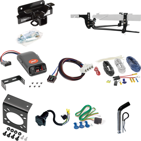 Fits 2004-2005 Dodge Ram 1500 Trailer Hitch Tow PKG w/ 8K Round Bar Weight Distribution Hitch w/ 2-5/16" Ball + Pin/Clip + Pro Series POD Brake Control + Plug & Play BC Adapter + 7-Way RV Wiring (Excludes: Daytona/Hemi Sport Quad Cab/Ram Rumble Bee/S