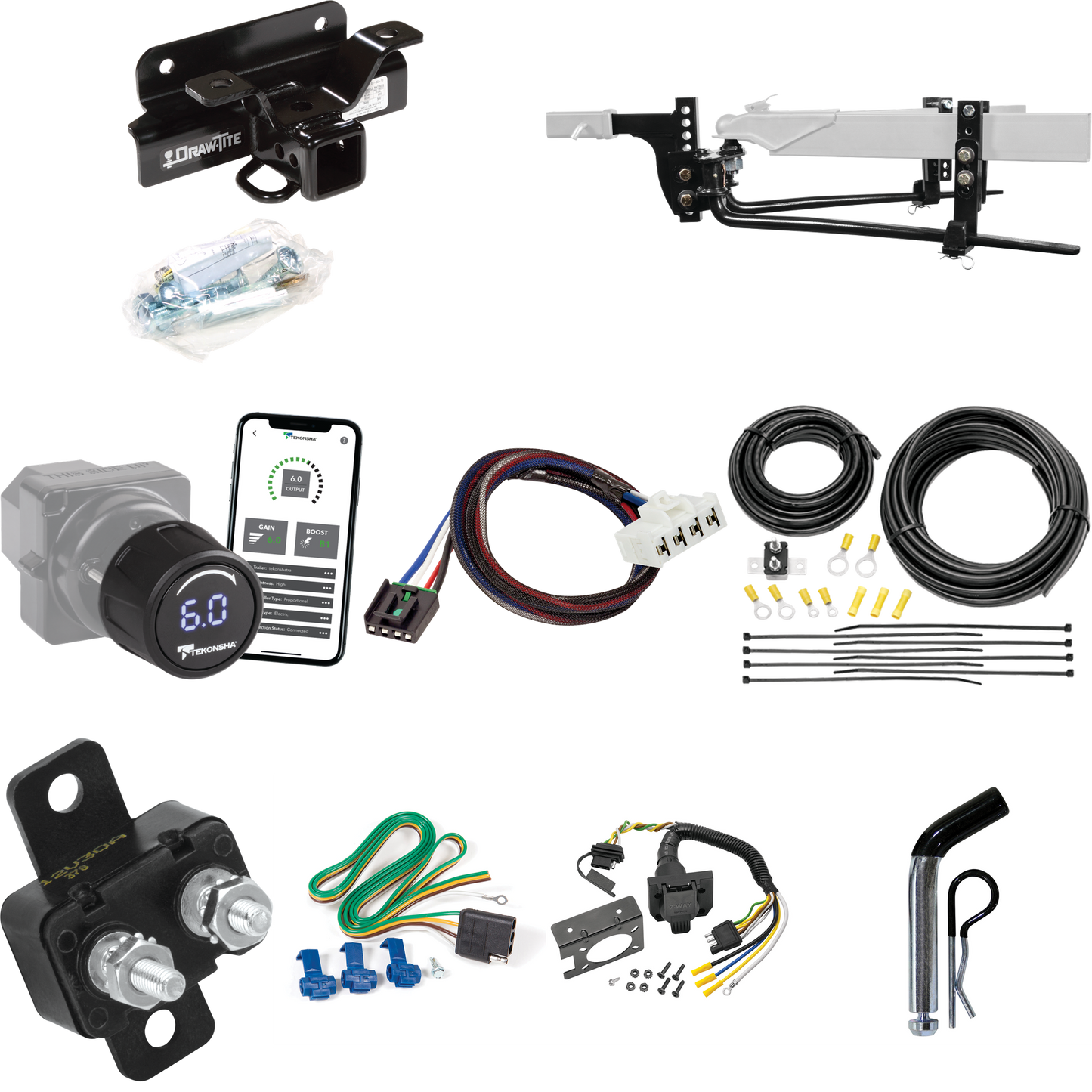 Fits 2003-2003 Dodge Ram 1500 Trailer Hitch Tow PKG w/ 8K Round Bar Weight Distribution Hitch w/ 2-5/16" Ball + Pin/Clip + Tekonsha Prodigy iD Bluetooth Wireless Brake Control + Plug & Play BC Adapter + 7-Way RV Wiring (For (Built After 11/2002) Mode