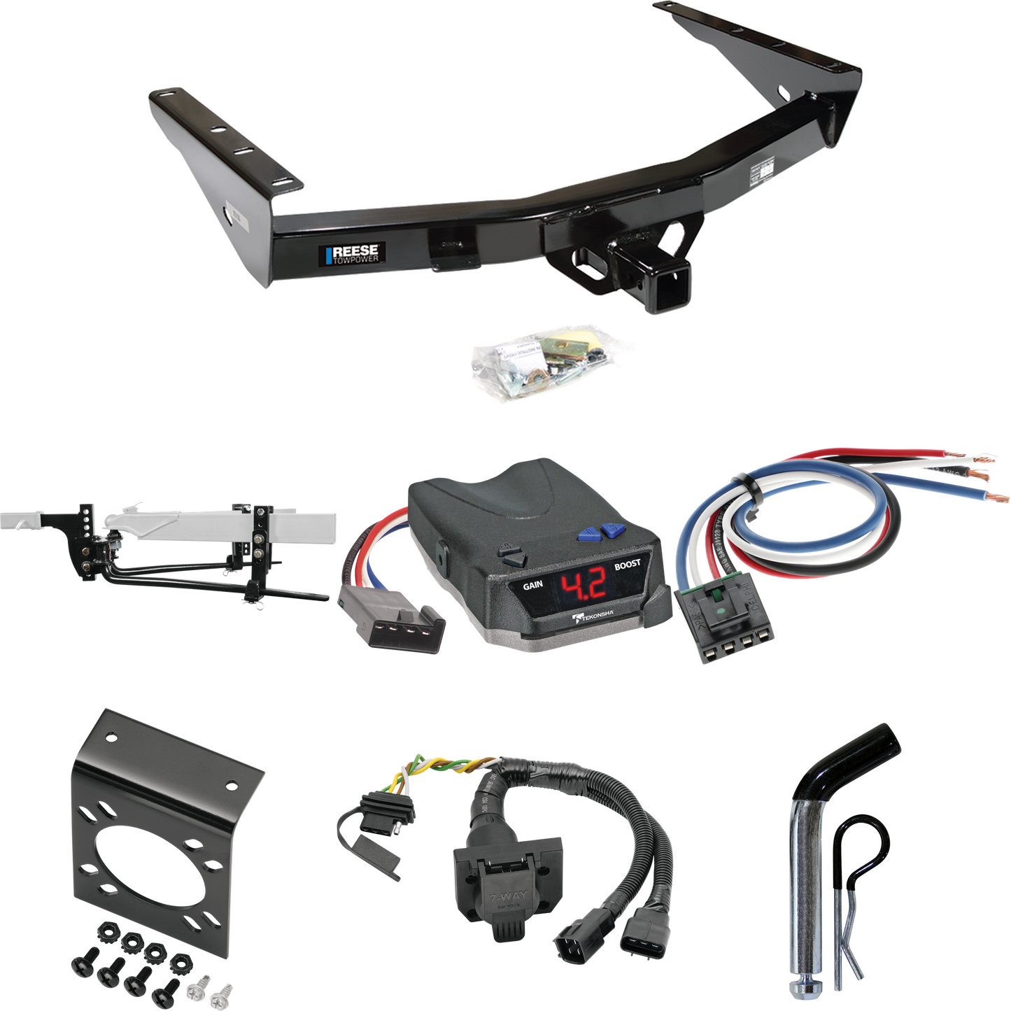 Fits 2001-2002 Toyota Tundra Trailer Hitch Tow PKG w/ 8K Round Bar Weight Distribution Hitch w/ 2-5/16" Ball + Pin/Clip + Tekonsha BRAKE-EVN Brake Control + Generic BC Wiring Adapter + 7-Way RV Wiring (For w/Factory 7-Way Models) By Reese Towpower