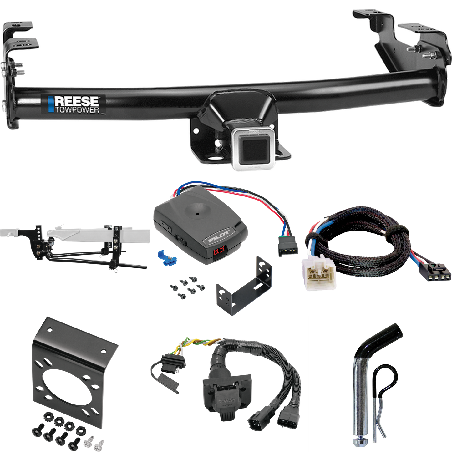 Fits 2003-2006 Toyota Tundra Trailer Hitch Tow PKG w/ 8K Round Bar Weight Distribution Hitch w/ 2-5/16" Ball + Pin/Clip + Pro Series Pilot Brake Control + Plug & Play BC Adapter + 7-Way RV Wiring (For w/Factory 7-Way Models) By Reese Towpower