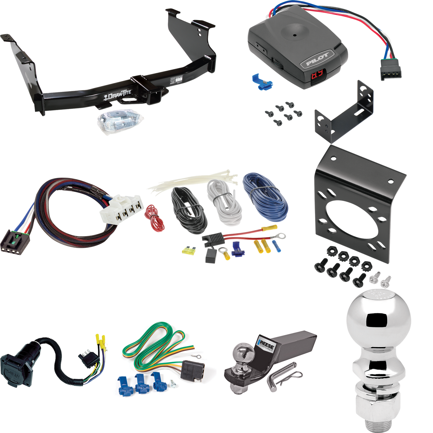 Fits 2004-2005 Dodge Ram 1500 Trailer Hitch Tow PKG w/ Pro Series Pilot Brake Control + Plug & Play BC Adapter + 7-Way RV Wiring + 2" & 2-5/16" Ball & Drop Mount (Excludes: Daytona/Hemi Sport Quad Cab/Ram Rumble Bee/SRT-10 Models) By Draw-Tite