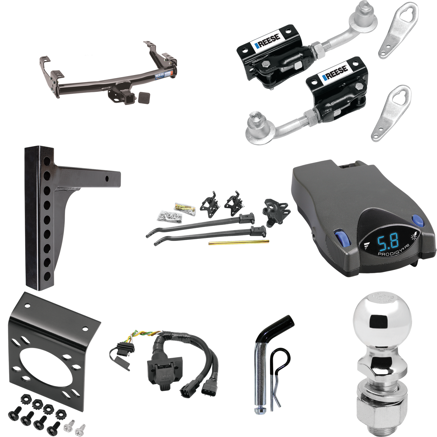 Fits 2001-2002 Toyota Tundra Trailer Hitch Tow PKG w/ 12K Trunnion Bar Weight Distribution Hitch + Pin/Clip + Dual Cam Sway Control + 2-5/16" Ball + Tekonsha Prodigy P2 Brake Control + 7-Way RV Wiring (For w/Factory 7-Way Models) By Reese Towpower