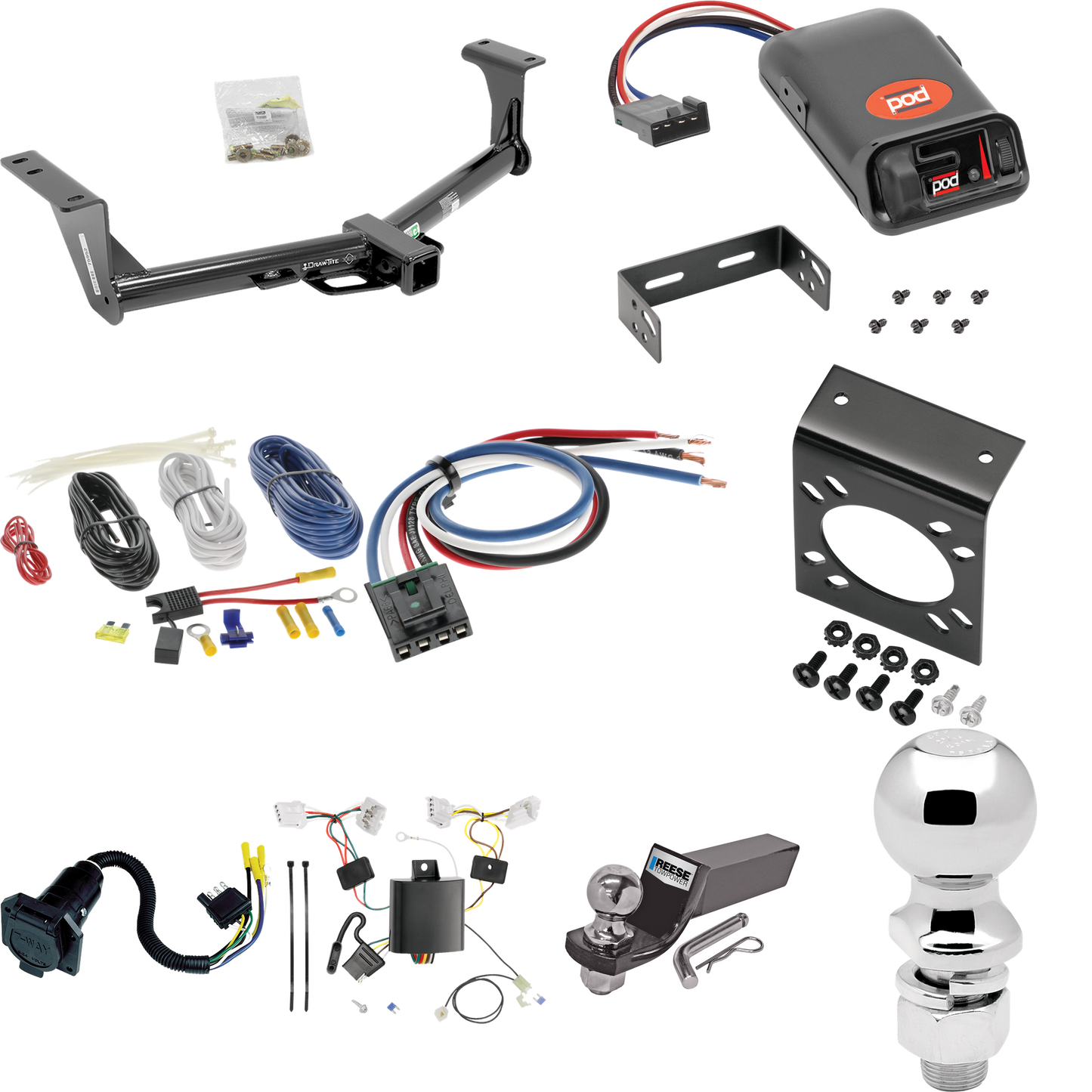 Fits 2015-2023 Nissan Murano Trailer Hitch Tow PKG w/ Pro Series POD Brake Control + Generic BC Wiring Adapter + 7-Way RV Wiring + 2" & 2-5/16" Ball & Drop Mount By Draw-Tite