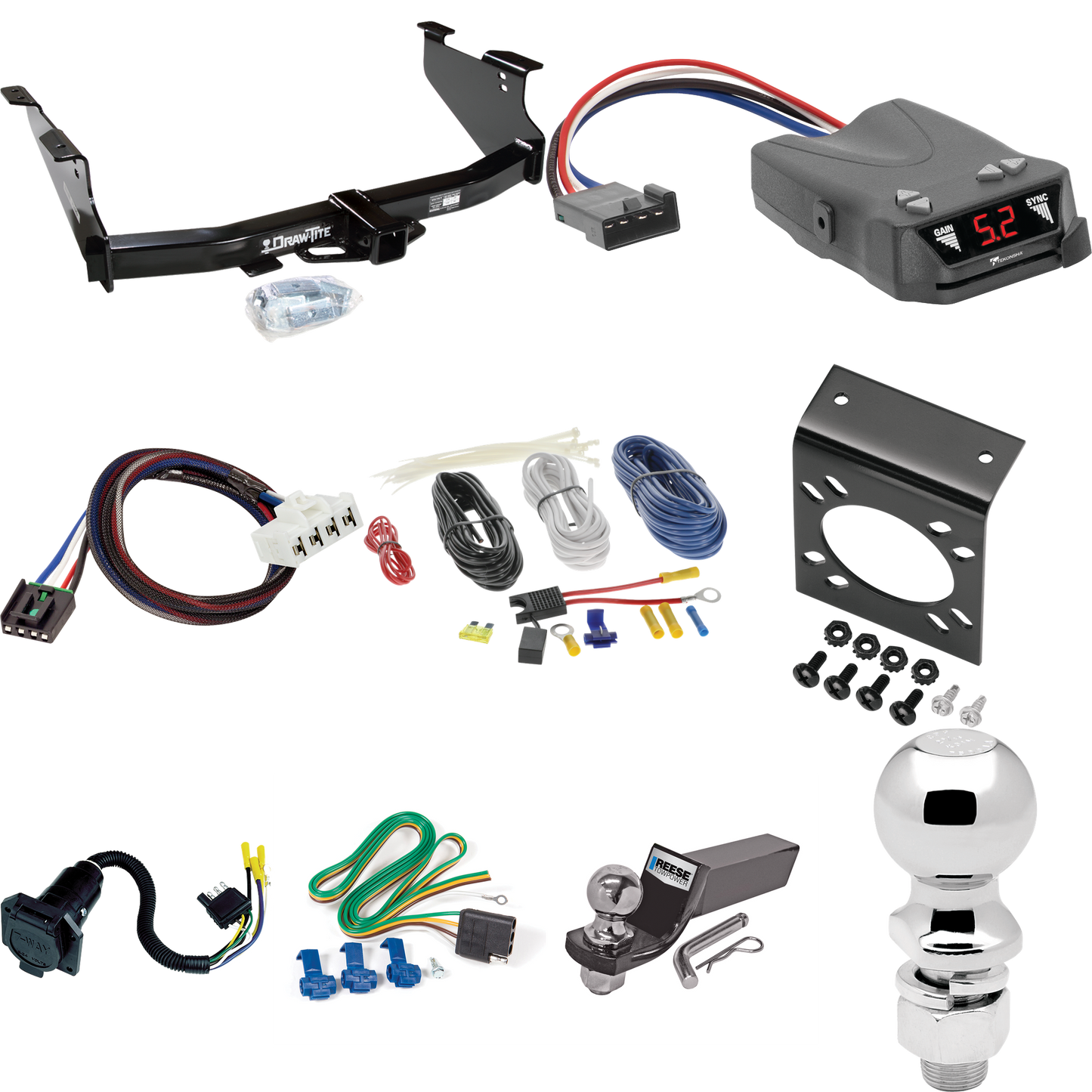 Se adapta al paquete de enganche de remolque Dodge Ram 3500 2003-2009 con control de freno Tekonsha Brakeman IV + adaptador BC Plug &amp; Play + cableado RV de 7 vías + soporte de bola y caída de 2" y 2-5/16" de Draw-Tite