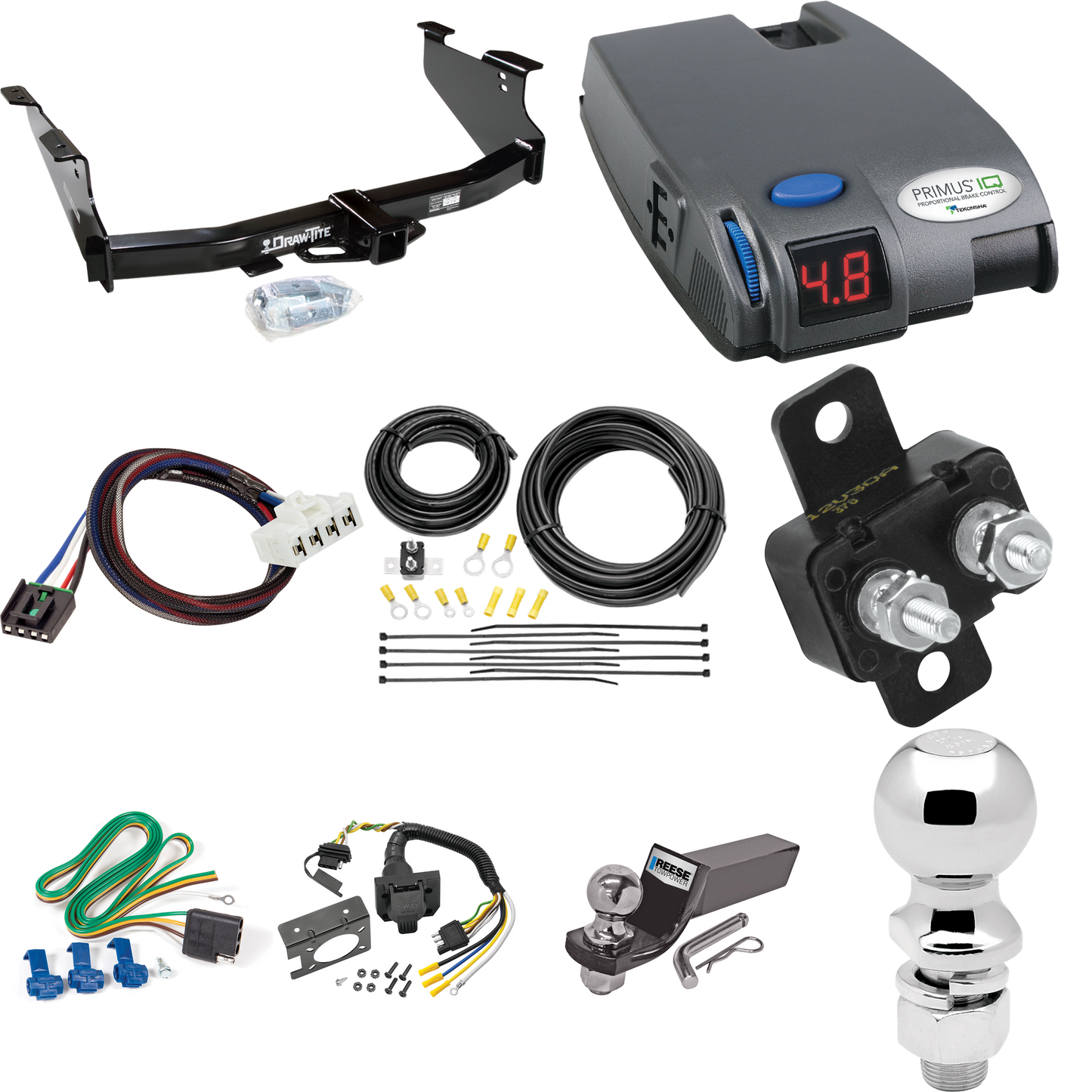 Se adapta al paquete de remolque con enganche para remolque Dodge Ram 2500 2003-2009 con control de freno Tekonsha Primus IQ + adaptador BC Plug &amp; Play + cableado RV de 7 vías + soporte de bola y caída de 2" y 2-5/16" de Draw-Tite