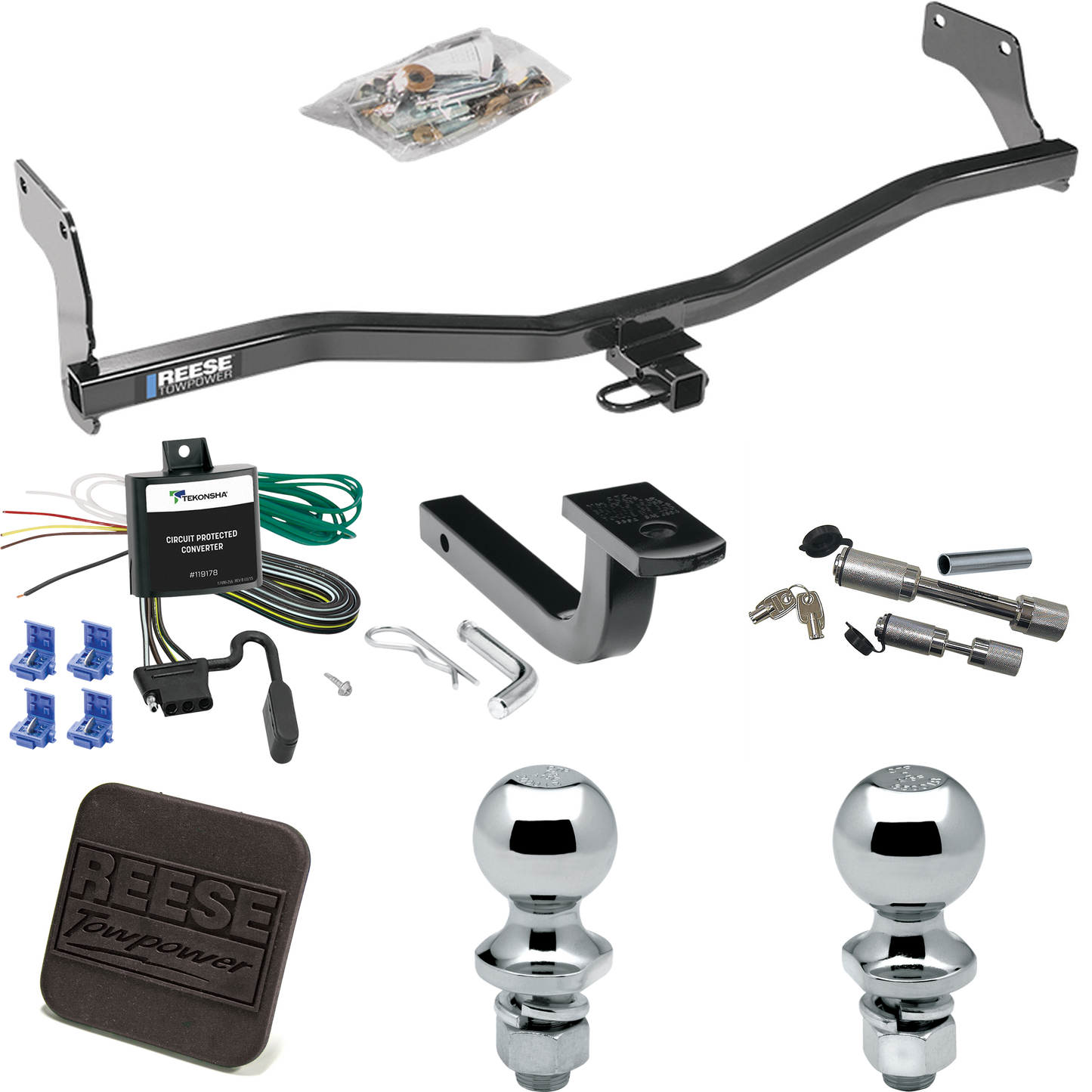 Fits 2006-2011 KIA Rio5 Trailer Hitch Tow PKG w/ 4-Flat Wiring Harness + Draw-Bar + 1-7/8" + 2" Ball + Hitch Cover + Dual Hitch & Coupler Locks (For Hatchback Models) By Reese Towpower