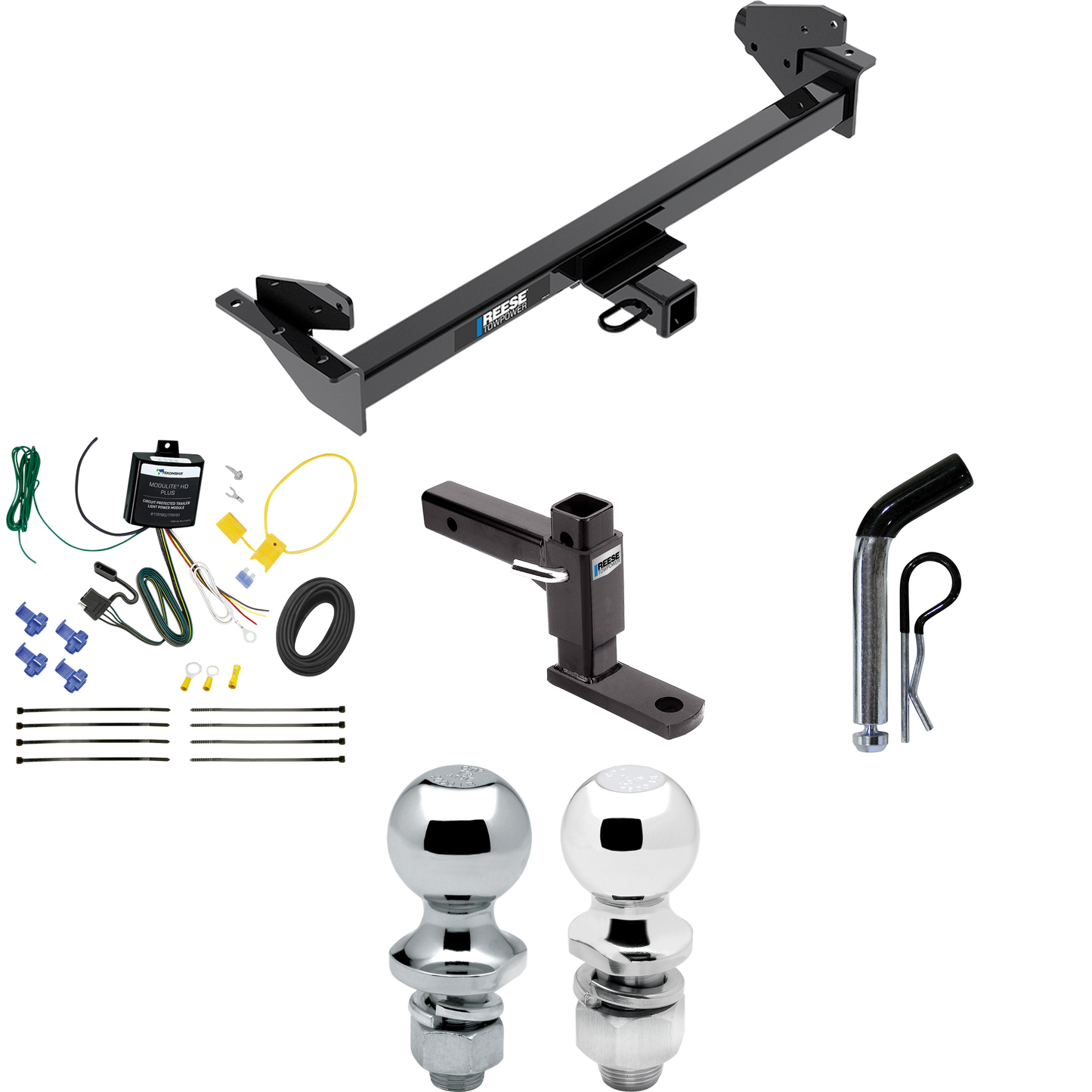 Fits 2016-2022 Nissan NP300 Navara Trailer Hitch Tow PKG w/ 4-Flat Wiring + Adjustable Drop Rise Ball Mount + Pin/Clip + 2" Ball + 1-7/8" Ball (For International Only Models) By Reese Towpower