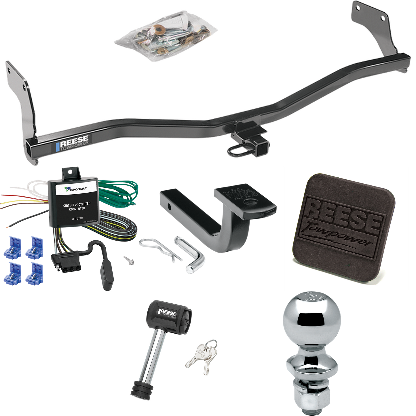 Se adapta al paquete de remolque con enganche para remolque KIA Rio5 2006-2011 con arnés de cableado plano de 4 + barra de tracción + bola de 2" + cubierta de enganche + bloqueo de enganche (para modelos Hatchback) de Reese Towpower