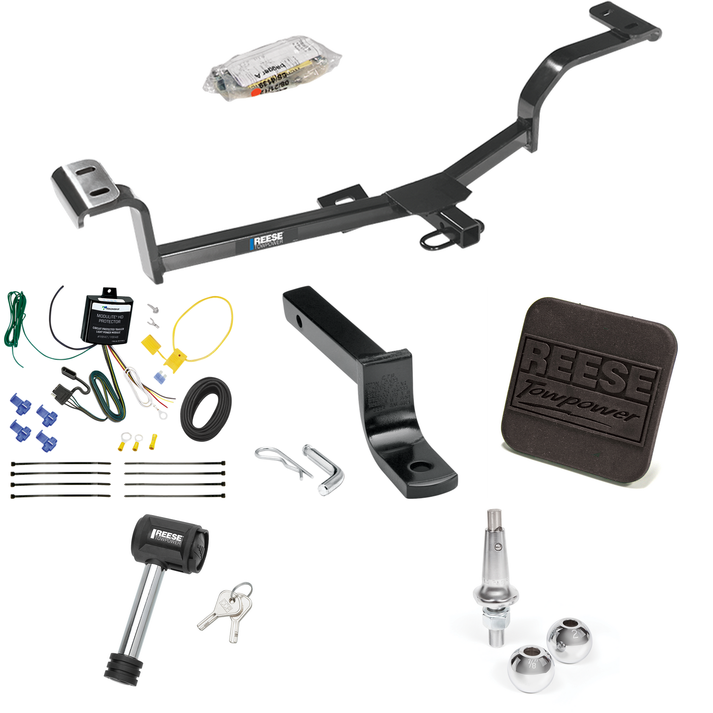 Fits 2012-2017 Hyundai Accent Trailer Hitch Tow PKG w/ 4-Flat Wiring Harness + Draw-Bar + Interchangeable 1-7/8" & 2" Balls + Hitch Cover + Hitch Lock (For Hatchback Models) By Reese Towpower