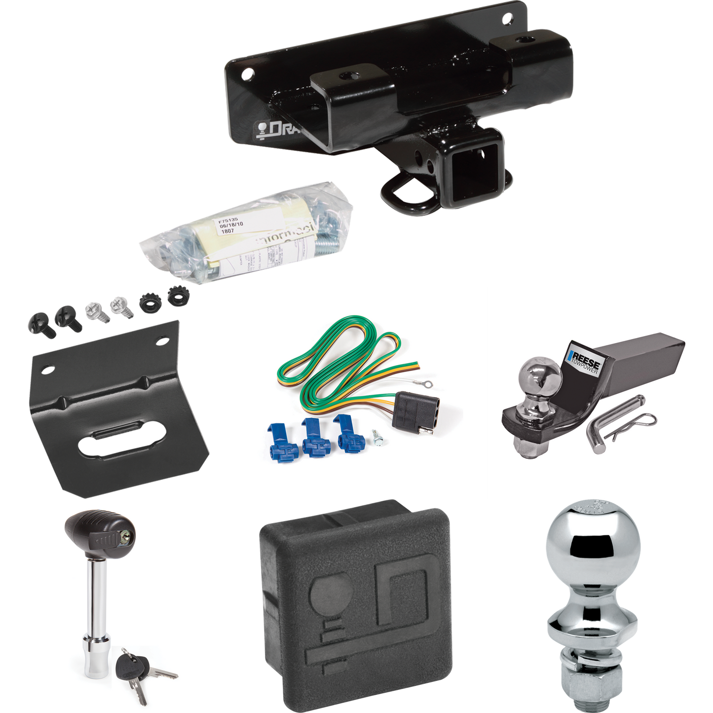 Fits 2002-2003 Dodge Ram 1500 Trailer Hitch Tow PKG w/ 4-Flat Wiring + Starter Kit Ball Mount w/ 2" Drop & 2" Ball + 1-7/8" Ball + Wiring Bracket + Hitch Lock + Hitch Cover (For (Built Before 11/2002) Models) By Draw-Tite