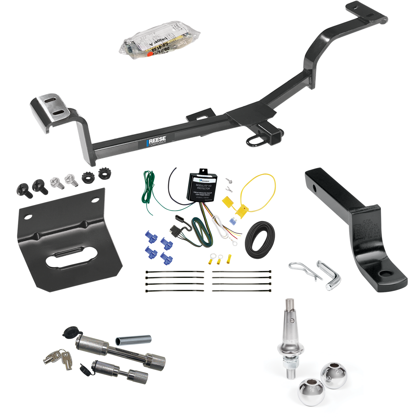 Fits 2012-2017 KIA Rio Trailer Hitch Tow PKG w/ 4-Flat Wiring Harness + Draw-Bar + Interchangeable 1-7/8" & 2" Balls + Wiring Bracket + Dual Hitch & Coupler Locks (For Sedan, Except S Models) By Reese Towpower