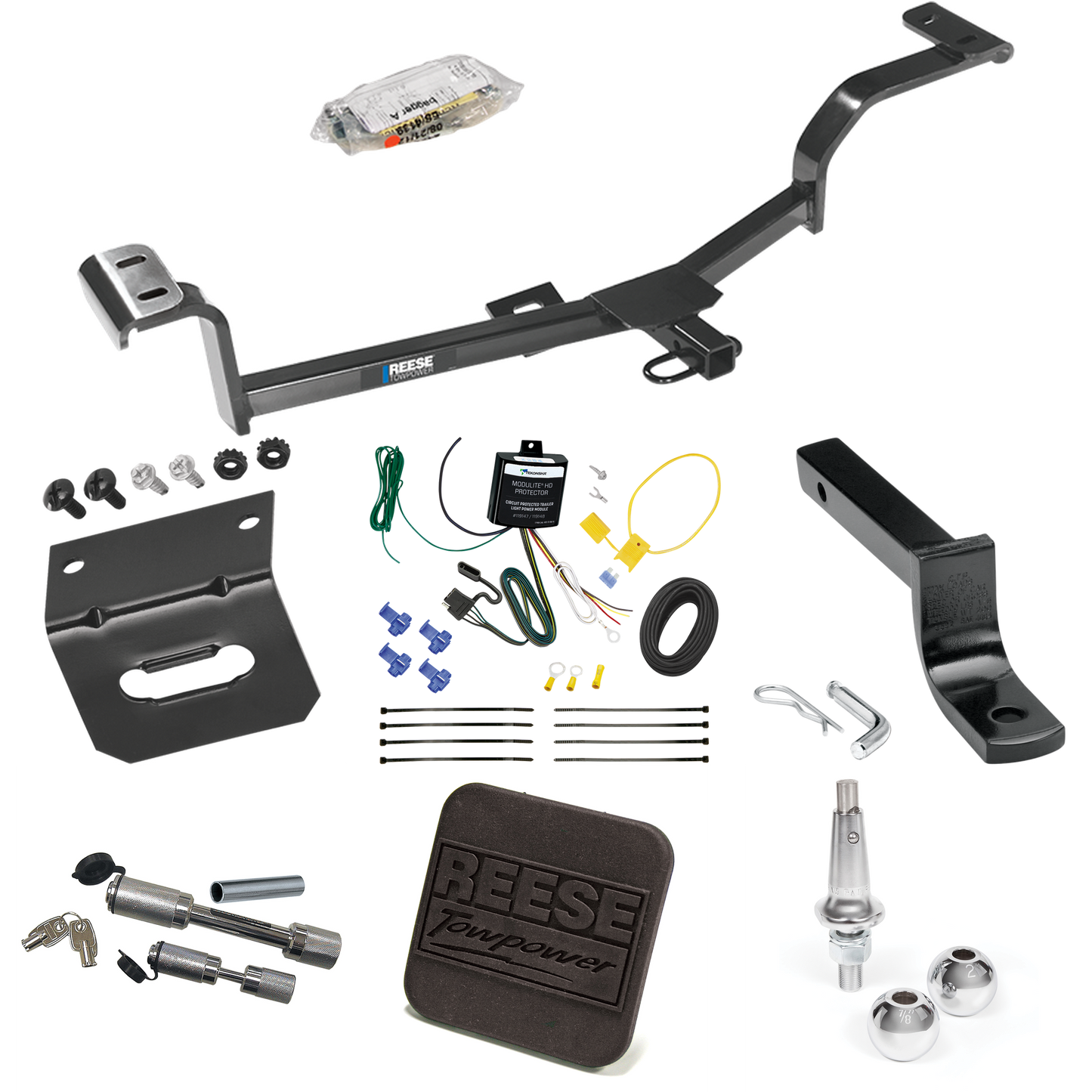 Fits 2012-2017 KIA Rio Trailer Hitch Tow PKG w/ 4-Flat Wiring Harness + Draw-Bar + Interchangeable 1-7/8" & 2" Balls + Wiring Bracket + Hitch Cover + Dual Hitch & Coupler Locks (For Sedan, Except S Models) By Reese Towpower