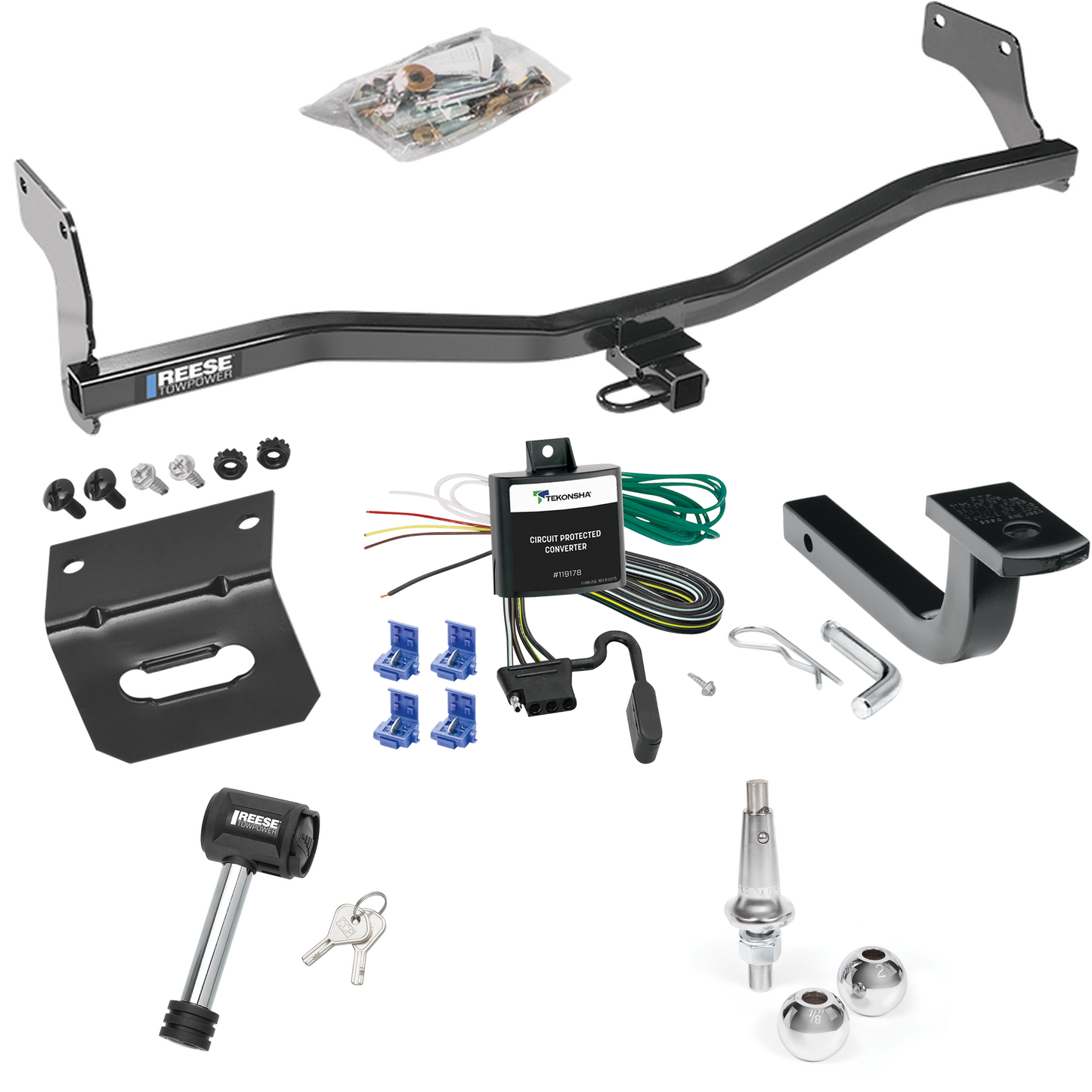 Fits 2006-2011 KIA Rio5 Trailer Hitch Tow PKG w/ 4-Flat Wiring Harness + Draw-Bar + Interchangeable 1-7/8" & 2" Balls + Wiring Bracket + Hitch Lock (For Hatchback Models) By Reese Towpower