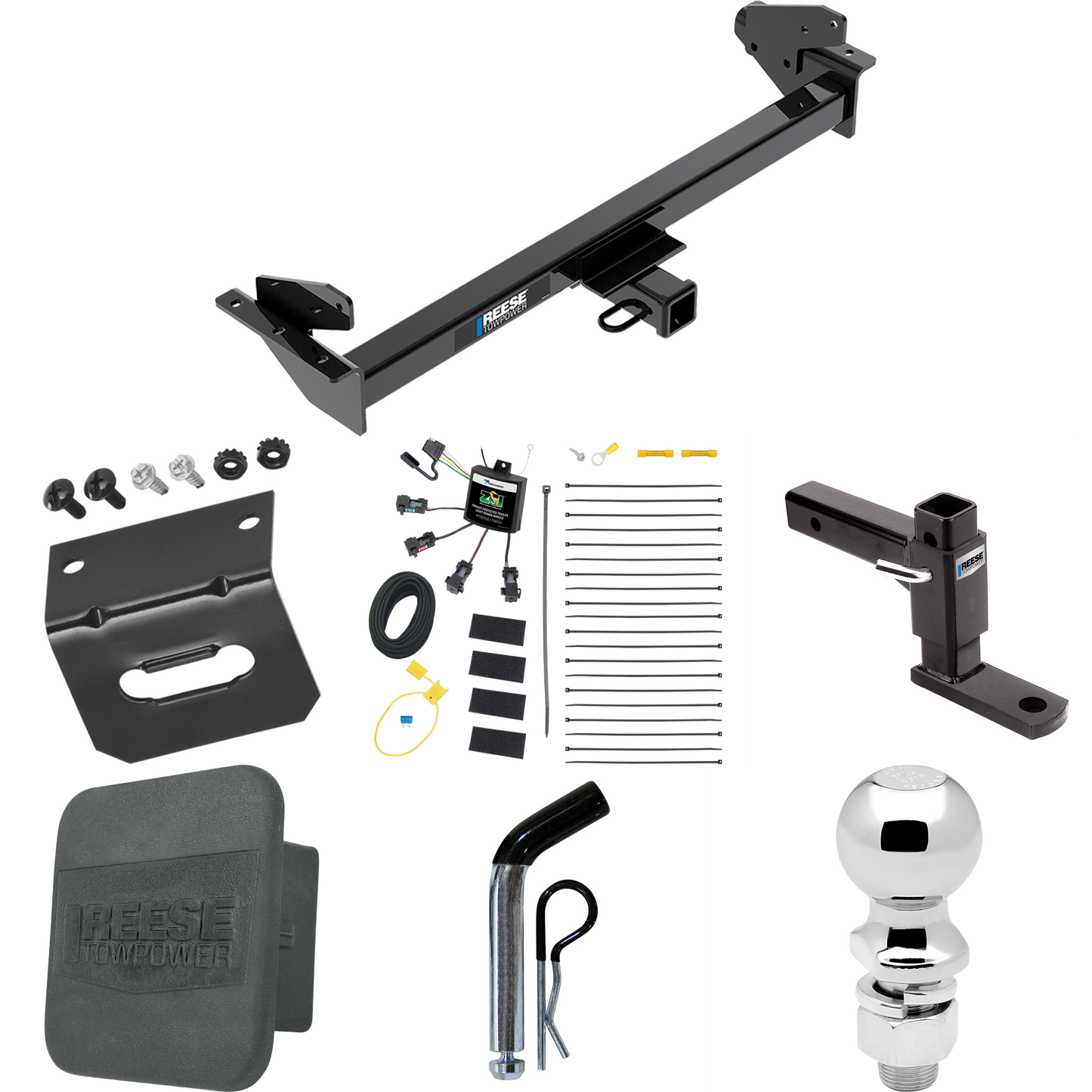 Fits 2016-2022 Nissan NP300 Navara Trailer Hitch Tow PKG w/ 4-Flat Zero Contact "No Splice" Wiring + Adjustable Drop Rise Ball Mount + Pin/Clip + 2-5/16" Ball + Wiring Bracket + Hitch Cover (For International Only Models) By Reese Towpower