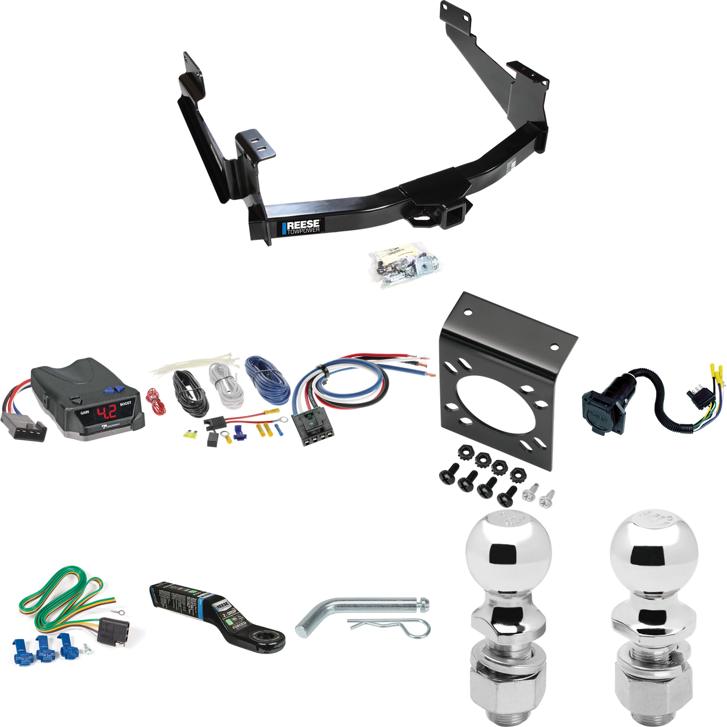 Fits 2018-2021 Toyota Tundra Trailer Hitch Tow PKG w/ Tekonsha BRAKE-EVN Brake Control + Generic BC Wiring Adapter + 7-Way RV Wiring + 2" & 2-5/16" Ball & Drop Mount (For (See Footnote CP) Models) By Reese Towpower