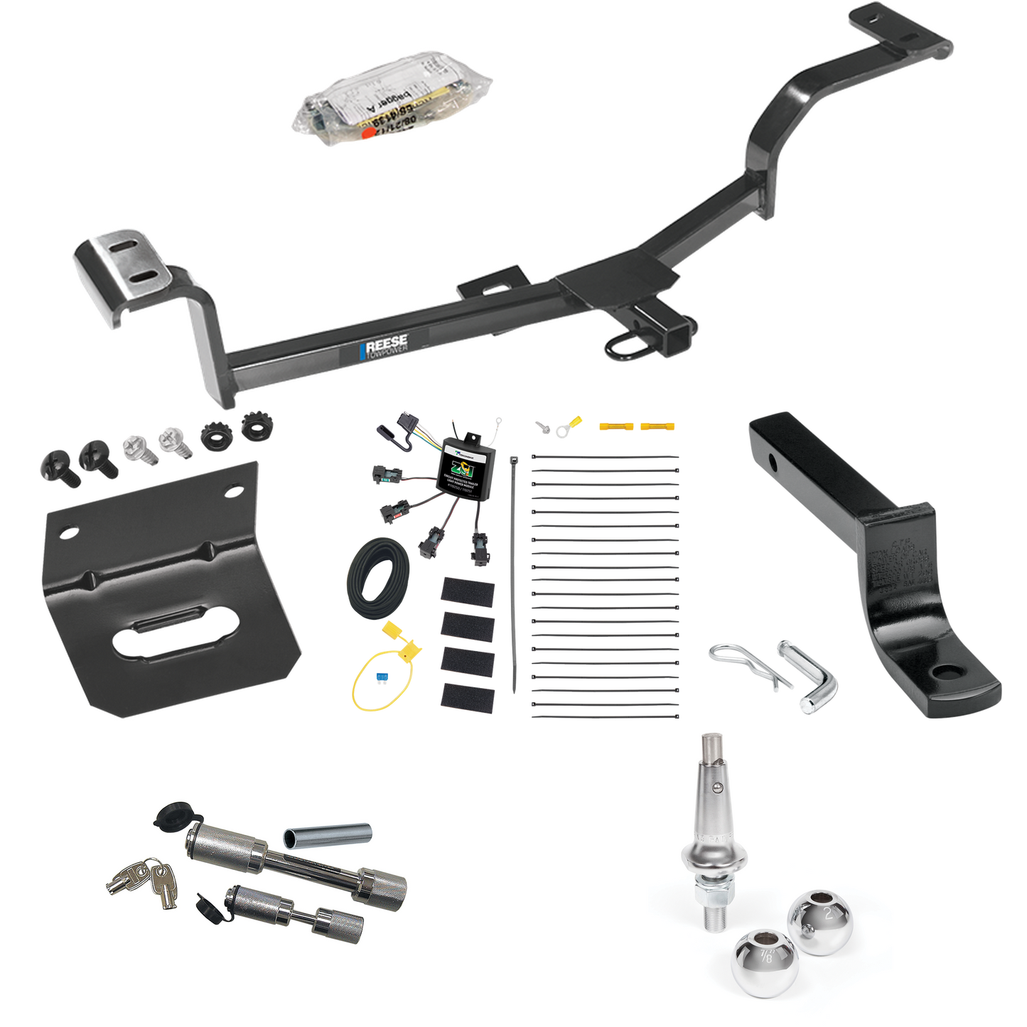 Fits 2012-2017 KIA Rio Trailer Hitch Tow PKG w/ 4-Flat Zero Contact "No Splice" Wiring Harness + Draw-Bar + Interchangeable 1-7/8" & 2" Balls + Wiring Bracket + Dual Hitch & Coupler Locks (For Sedan, Except S Models) By Reese Towpower