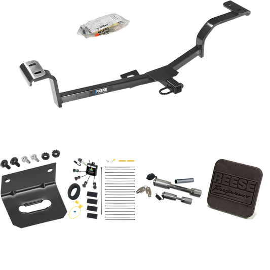 Fits 2012-2017 Hyundai Accent Trailer Hitch Tow PKG w/ 4-Flat Zero Contact "No Splice" Wiring Harness + Hitch Cover + Dual Hitch & Coupler Locks (For Hatchback Models) By Reese Towpower