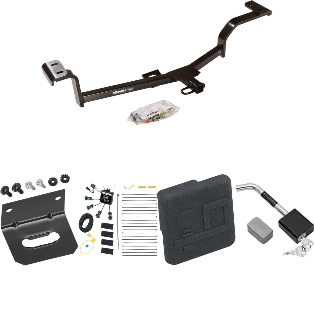 Fits 2012-2017 Hyundai Accent Trailer Hitch Tow PKG w/ 4-Flat Zero Contact "No Splice" Wiring Harness + Hitch Cover + Hitch Lock (For Hatchback Models) By Draw-Tite