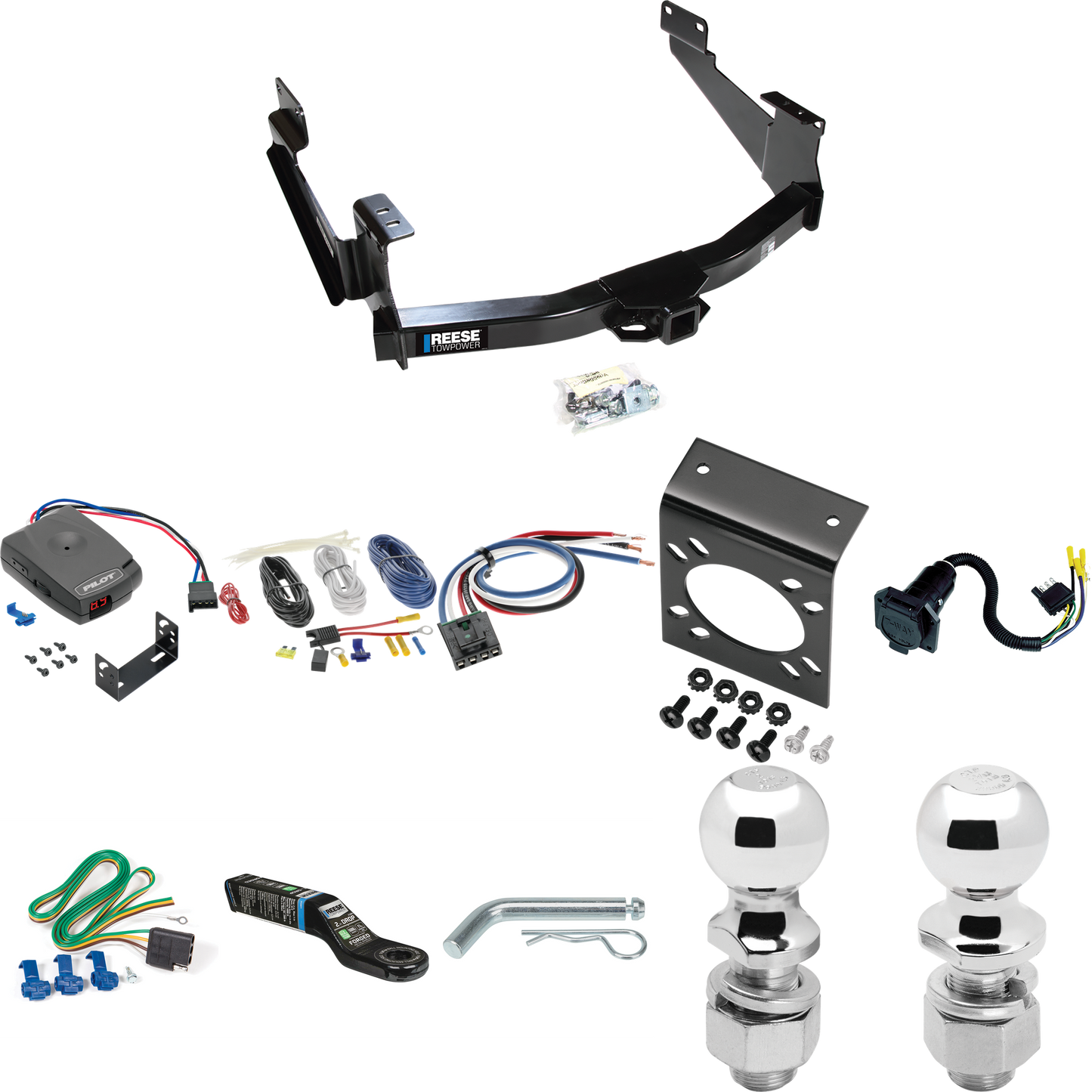 Fits 2018-2021 Toyota Tundra Trailer Hitch Tow PKG w/ Pro Series Pilot Brake Control + Generic BC Wiring Adapter + 7-Way RV Wiring + 2" & 2-5/16" Ball & Drop Mount (For (See Footnote CP) Models) By Reese Towpower