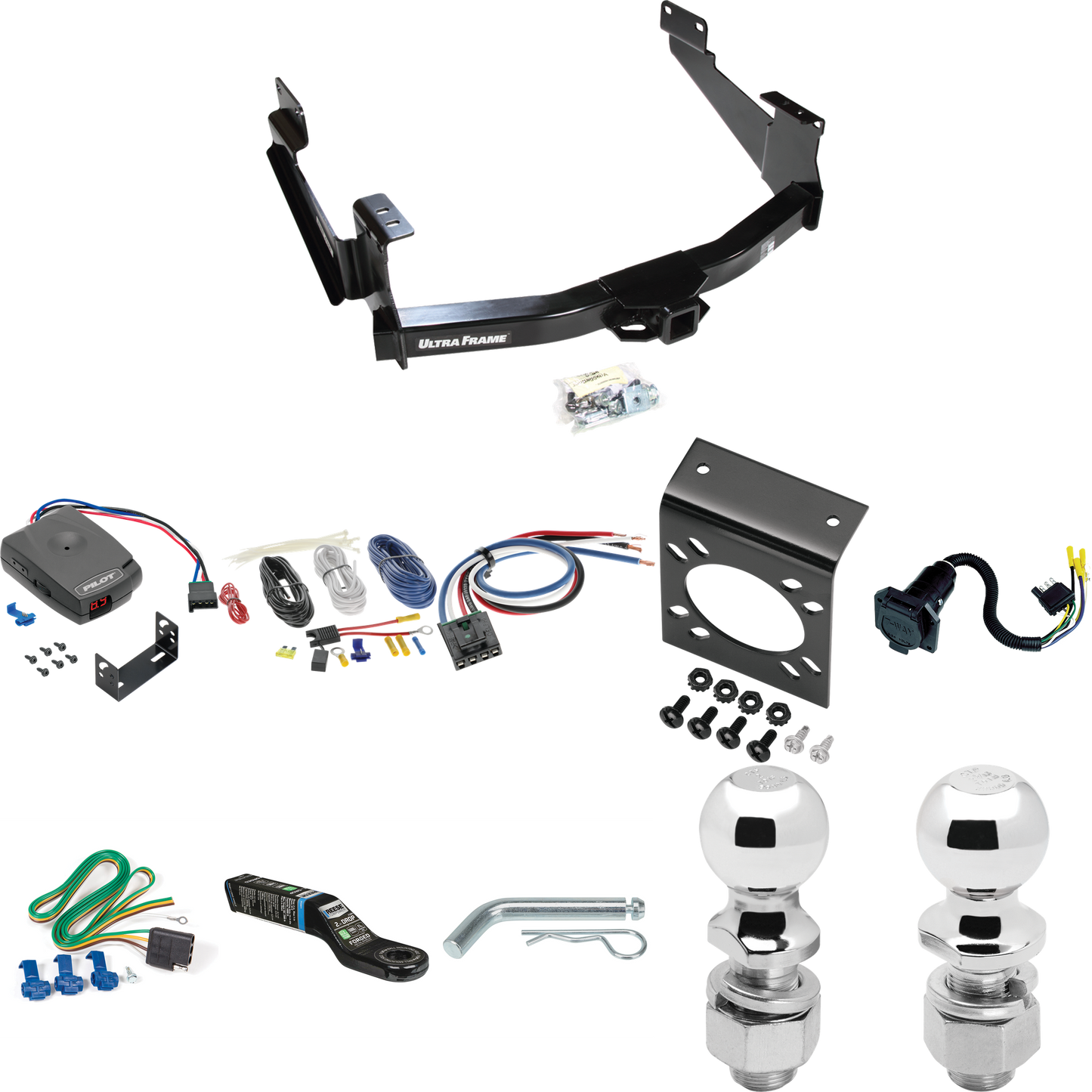 Fits 2018-2021 Toyota Tundra Trailer Hitch Tow PKG w/ Pro Series Pilot Brake Control + Generic BC Wiring Adapter + 7-Way RV Wiring + 2" & 2-5/16" Ball & Drop Mount (For (See Footnote CP) Models) By Draw-Tite