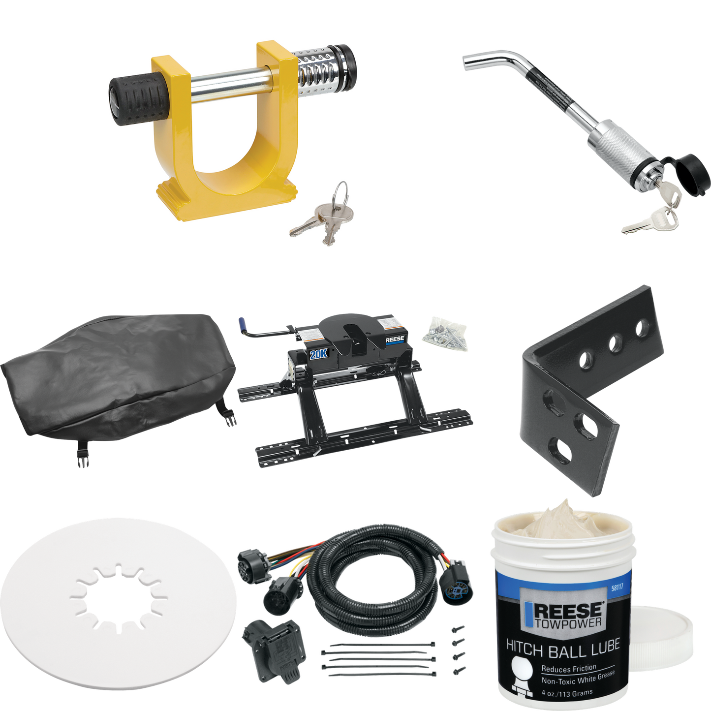 Fits 2011-2012 RAM 3500 Industry Standard Semi-Custom Above Bed Rail Kit + 20K Fifth Wheel + In-Bed Wiring + King Pin Lock + Base Rail Lock + 10" Lube Plate + Fifth Wheel Cover + Lube (For 5'8 or Shorter Bed (Sidewinder Required), Except w/Overload S