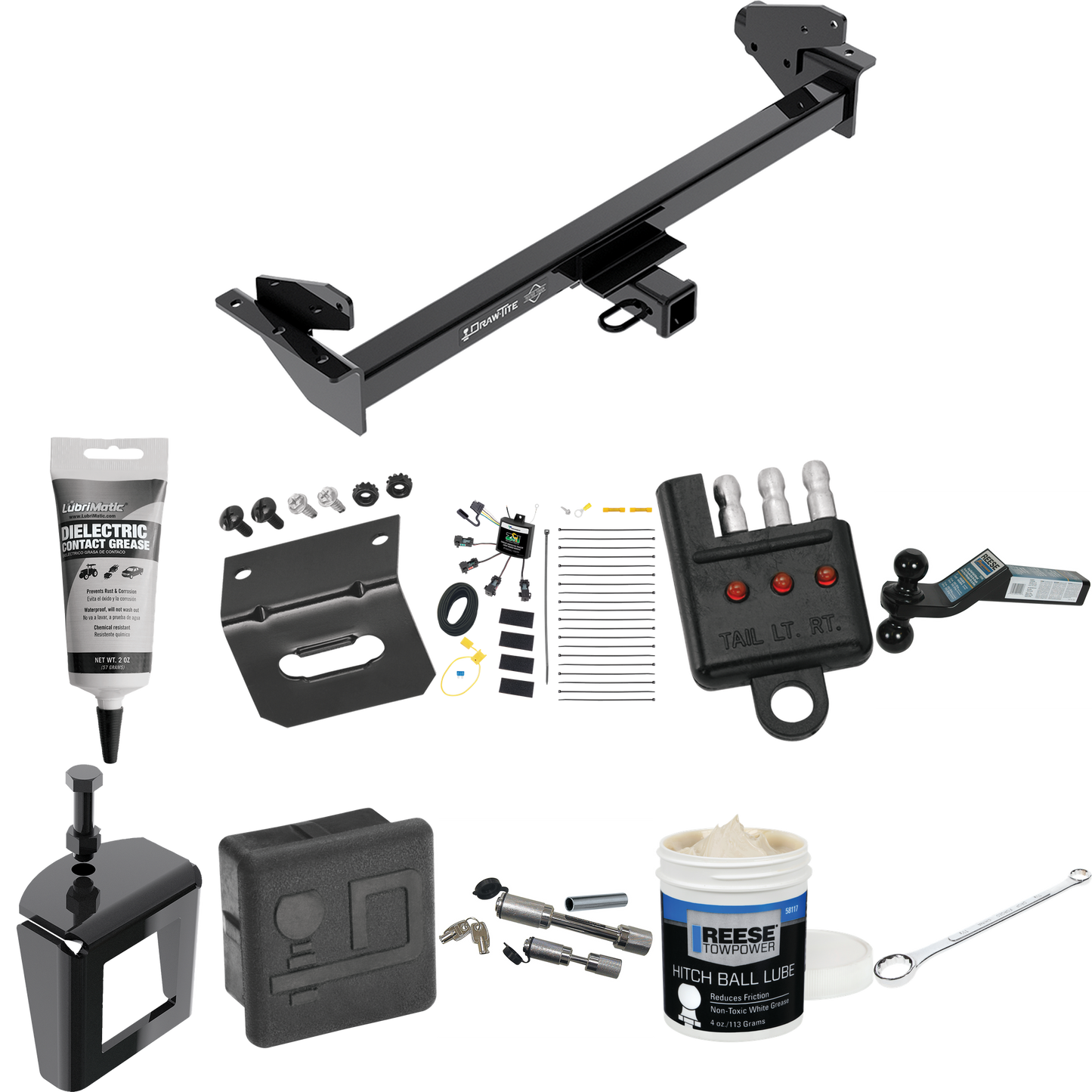 Fits 2016-2022 Nissan NP300 Navara Trailer Hitch Tow PKG w/ 4-Flat Zero Contact "No Splice" Wiring + Dual Ball Ball Mount 2" & 2-5/16" Trailer Balls + Wiring Bracket + Hitch Cover + Dual Hitch & Coupler Locks + Wiring Tester + Ball Lube + Electric Gr