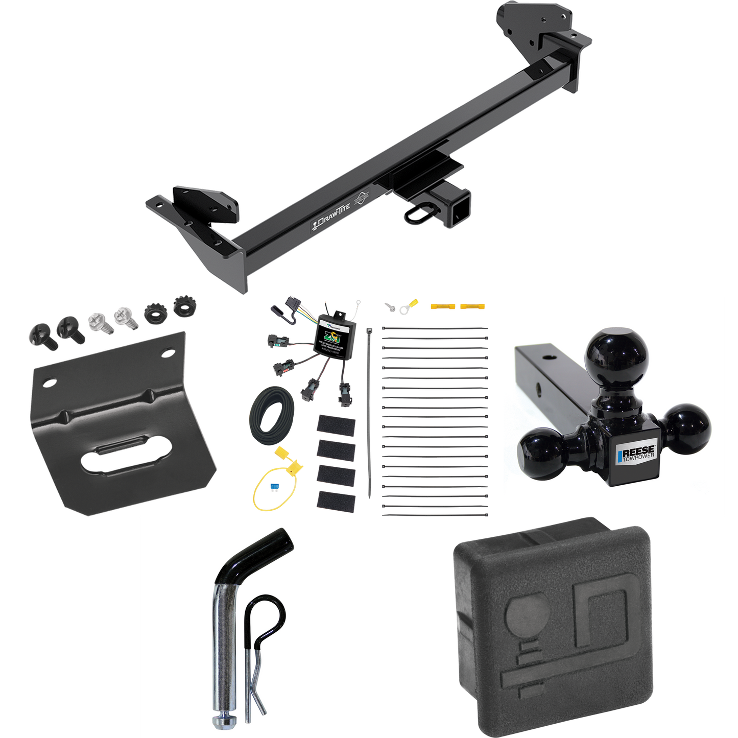 Fits 2016-2022 Nissan NP300 Navara Trailer Hitch Tow PKG w/ 4-Flat Zero Contact "No Splice" Wiring + Triple Ball Ball Mount 1-7/8" & 2" & 2-5/16" Trailer Balls + Pin/Clip + Wiring Bracket + Hitch Cover (For International Only Models) By Draw-Tite