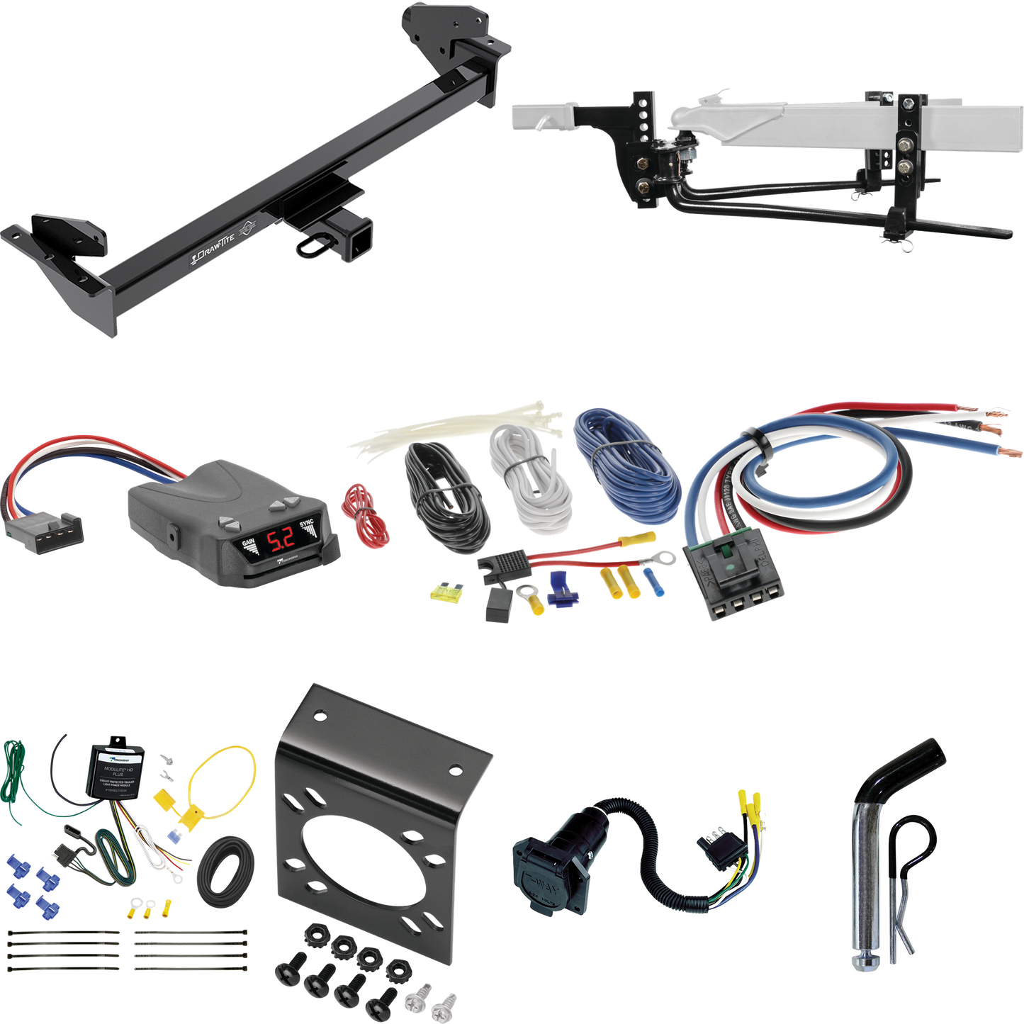 Fits 2016-2022 Nissan NP300 Navara Trailer Hitch Tow PKG w/ 8K Round Bar Weight Distribution Hitch w/ 2-5/16" Ball + Pin/Clip + Tekonsha Brakeman IV Brake Control + Generic BC Wiring Adapter + 7-Way RV Wiring (For International Only Models) By Draw-T