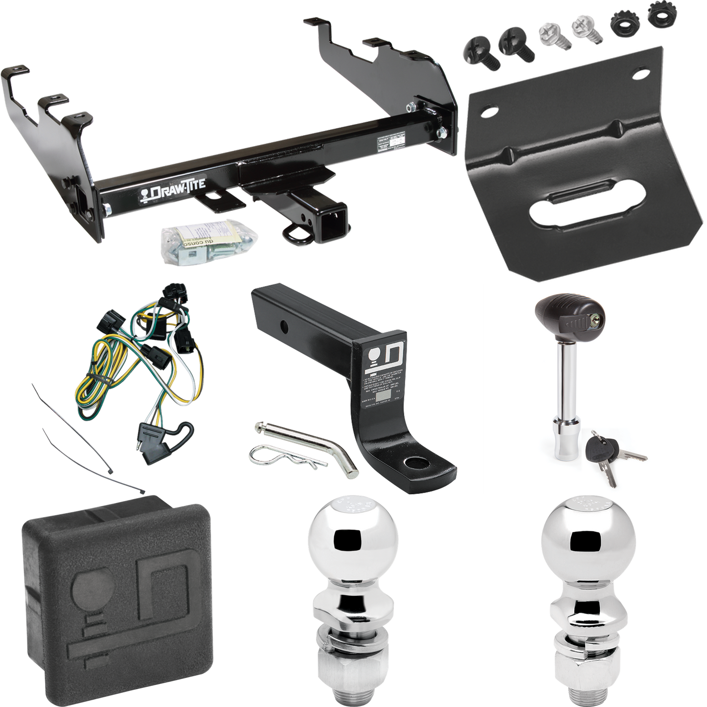 Fits 1995-2002 Dodge Ram 2500 Trailer Hitch Tow PKG w/ 4-Flat Wiring + Ball Mount w/ 4" Drop + 2" Ball + 2-5/16" Ball + Wiring Bracket + Hitch Lock + Hitch Cover (For w/Deep Drop Bumper Models) By Draw-Tite