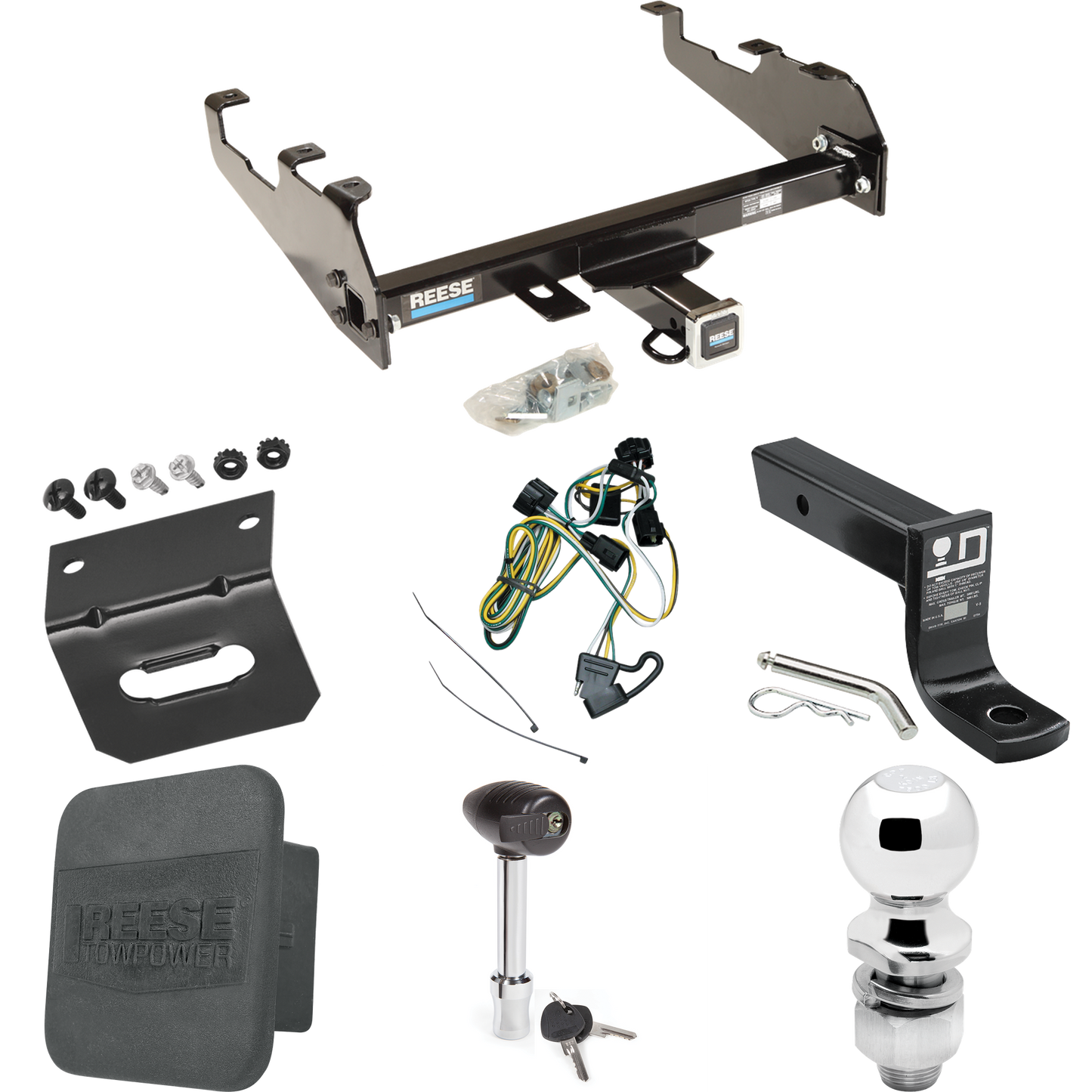 Fits 1995-2002 Dodge Ram 3500 Trailer Hitch Tow PKG w/ 4-Flat Wiring + Ball Mount w/ 4" Drop + 2" Ball + Wiring Bracket + Hitch Lock + Hitch Cover (For w/Deep Drop Bumper Models) By Reese Towpower