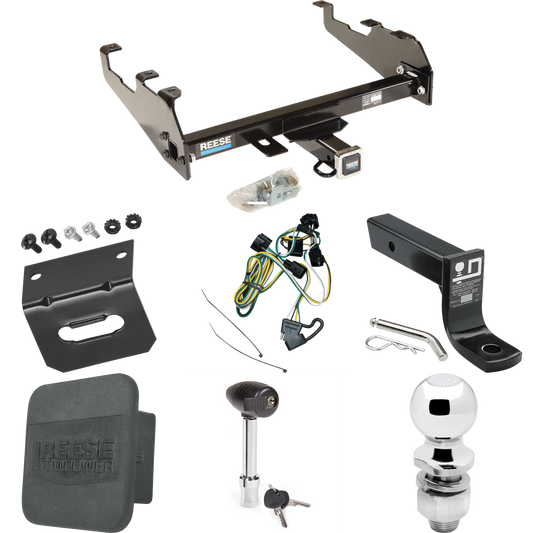 Fits 1995-2002 Dodge Ram 3500 Trailer Hitch Tow PKG w/ 4-Flat Wiring + Ball Mount w/ 4" Drop + 2" Ball + Wiring Bracket + Hitch Lock + Hitch Cover (For w/Deep Drop Bumper Models) By Reese Towpower