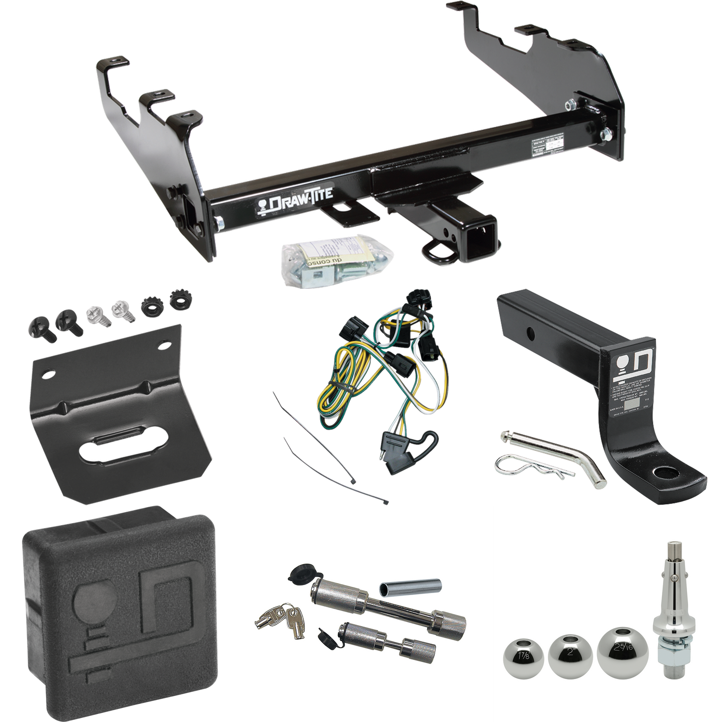 Fits 1995-2002 Dodge Ram 2500 Trailer Hitch Tow PKG w/ 4-Flat Wiring + Ball Mount w/ 4" Drop + Interchangeable Ball 1-7/8" & 2" & 2-5/16" + Wiring Bracket + Dual Hitch & Coupler Locks + Hitch Cover (For w/Deep Drop Bumper Models) By Draw-Tite