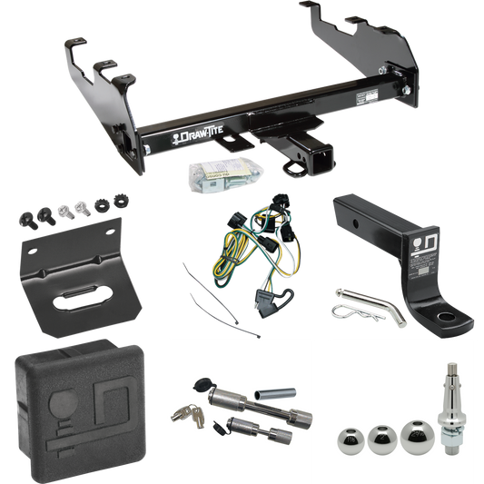 Fits 1995-2002 Dodge Ram 2500 Trailer Hitch Tow PKG w/ 4-Flat Wiring + Ball Mount w/ 4" Drop + Interchangeable Ball 1-7/8" & 2" & 2-5/16" + Wiring Bracket + Dual Hitch & Coupler Locks + Hitch Cover (For w/Deep Drop Bumper Models) By Draw-Tite