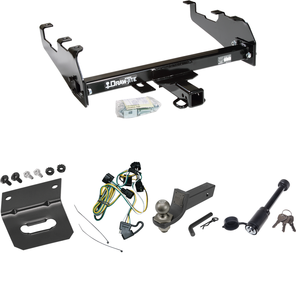 Fits 1995-2002 Dodge Ram 3500 Trailer Hitch Tow PKG w/ 4-Flat Wiring + Interlock Tactical Starter Kit w/ 2" Drop & 2" Ball + Tactical Dogbone Lock + Wiring Bracket (For w/Deep Drop Bumper Models) By Draw-Tite