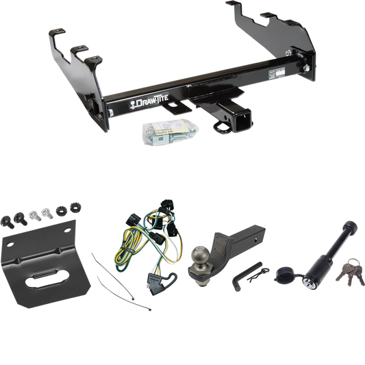 Fits 1995-2002 Dodge Ram 3500 Trailer Hitch Tow PKG w/ 4-Flat Wiring + Interlock Tactical Starter Kit w/ 2" Drop & 2" Ball + Tactical Dogbone Lock + Wiring Bracket (For w/Deep Drop Bumper Models) By Draw-Tite