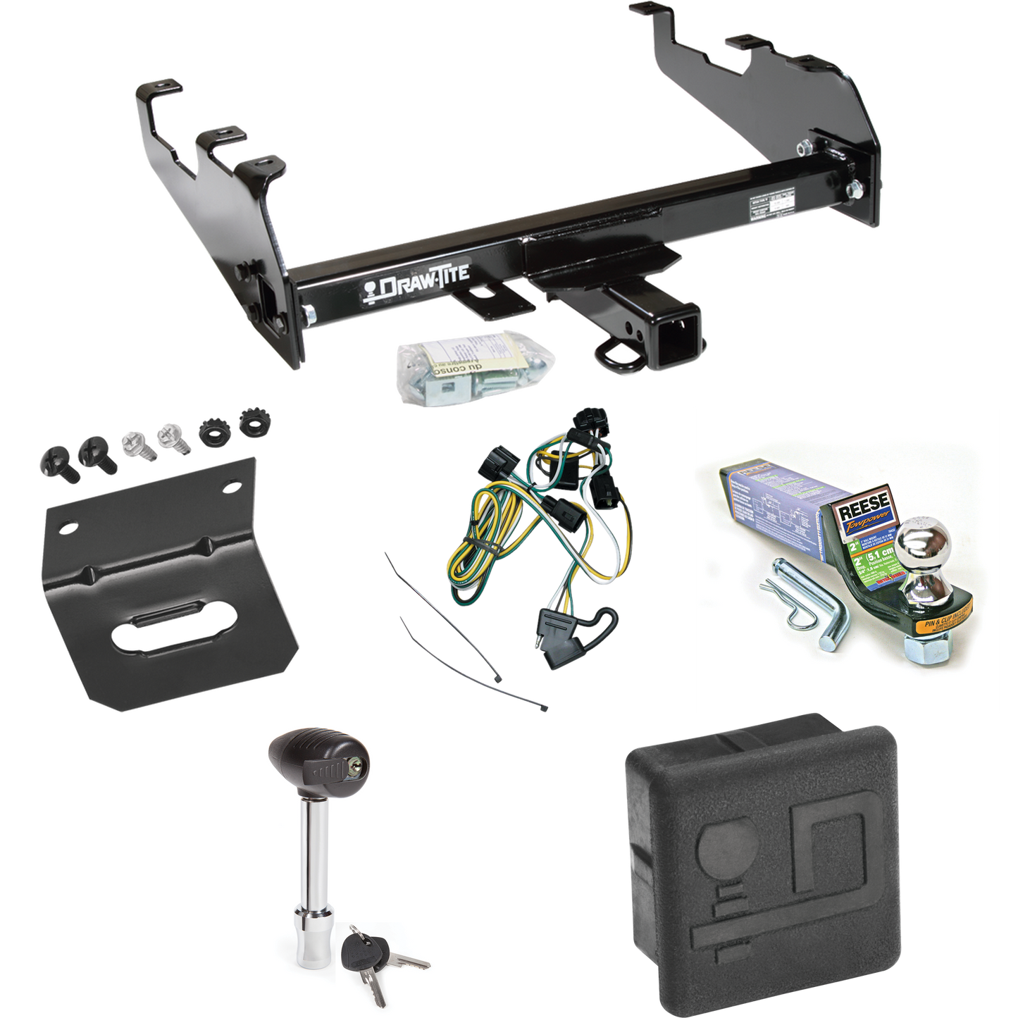 Fits 1995-2002 Dodge Ram 2500 Trailer Hitch Tow PKG w/ 4-Flat Wiring + Starter Kit Ball Mount w/ 2" Drop & 1-7/8" Ball + Wiring Bracket + Hitch Lock + Hitch Cover (For w/Deep Drop Bumper Models) By Draw-Tite