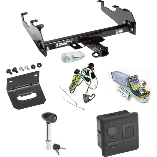 Fits 1995-2002 Dodge Ram 2500 Trailer Hitch Tow PKG w/ 4-Flat Wiring + Starter Kit Ball Mount w/ 2" Drop & 1-7/8" Ball + Wiring Bracket + Hitch Lock + Hitch Cover (For w/Deep Drop Bumper Models) By Draw-Tite