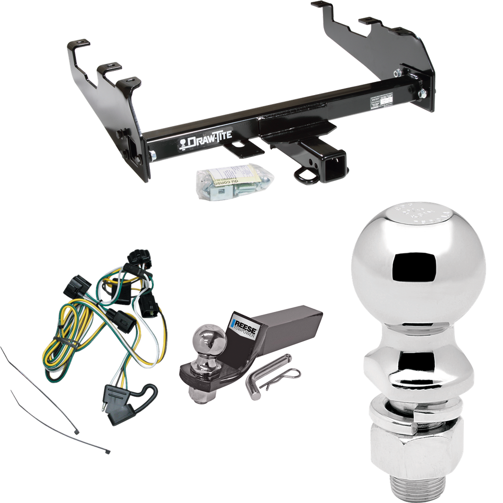 Fits 1995-2002 Dodge Ram 3500 Trailer Hitch Tow PKG w/ 4-Flat Wiring + Starter Kit Ball Mount w/ 2" Drop & 2" Ball + 2-5/16" Ball (For w/Deep Drop Bumper Models) By Draw-Tite