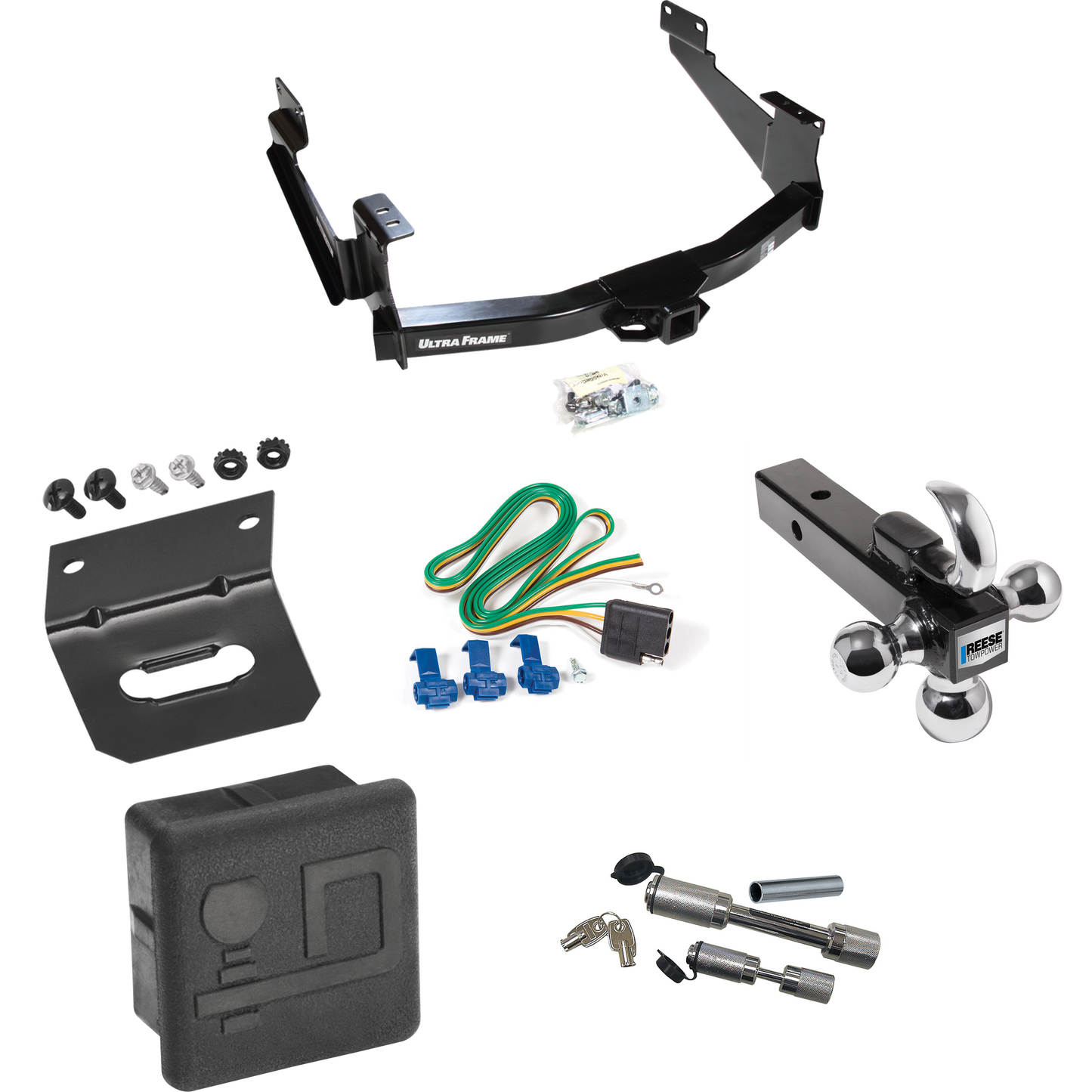 Fits 2007-2021 Toyota Tundra Trailer Hitch Tow PKG w/ 4-Flat Wiring Harness + Triple Ball Ball Mount 1-7/8" & 2" & 2-5/16" Trailer Balls w/ Tow Hook + Dual Hitch & Coupler Locks + Hitch Cover + Wiring Bracket (For (See Footnote CP) Models) By Draw-Ti