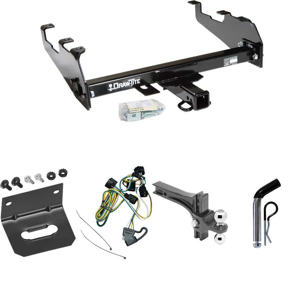 Fits 1995-2002 Dodge Ram 3500 Trailer Hitch Tow PKG w/ 4-Flat Wiring Harness + Dual Adjustable Drop Rise Ball Ball Mount 2" & 2-5/16" Trailer Balls + Pin/Clip + Wiring Bracket (For w/Deep Drop Bumper Models) By Draw-Tite