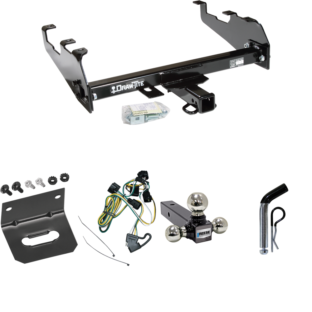 Fits 1995-2002 Dodge Ram 3500 Trailer Hitch Tow PKG w/ 4-Flat Wiring Harness + Triple Ball Ball Mount 1-7/8" & 2" & 2-5/16" Trailer Balls + Pin/Clip + Wiring Bracket (For w/Deep Drop Bumper Models) By Draw-Tite