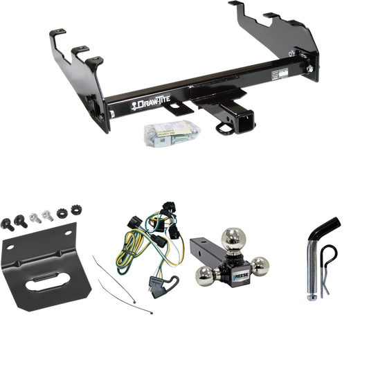 Fits 1995-2002 Dodge Ram 3500 Trailer Hitch Tow PKG w/ 4-Flat Wiring Harness + Triple Ball Ball Mount 1-7/8" & 2" & 2-5/16" Trailer Balls + Pin/Clip + Wiring Bracket (For w/Deep Drop Bumper Models) By Draw-Tite