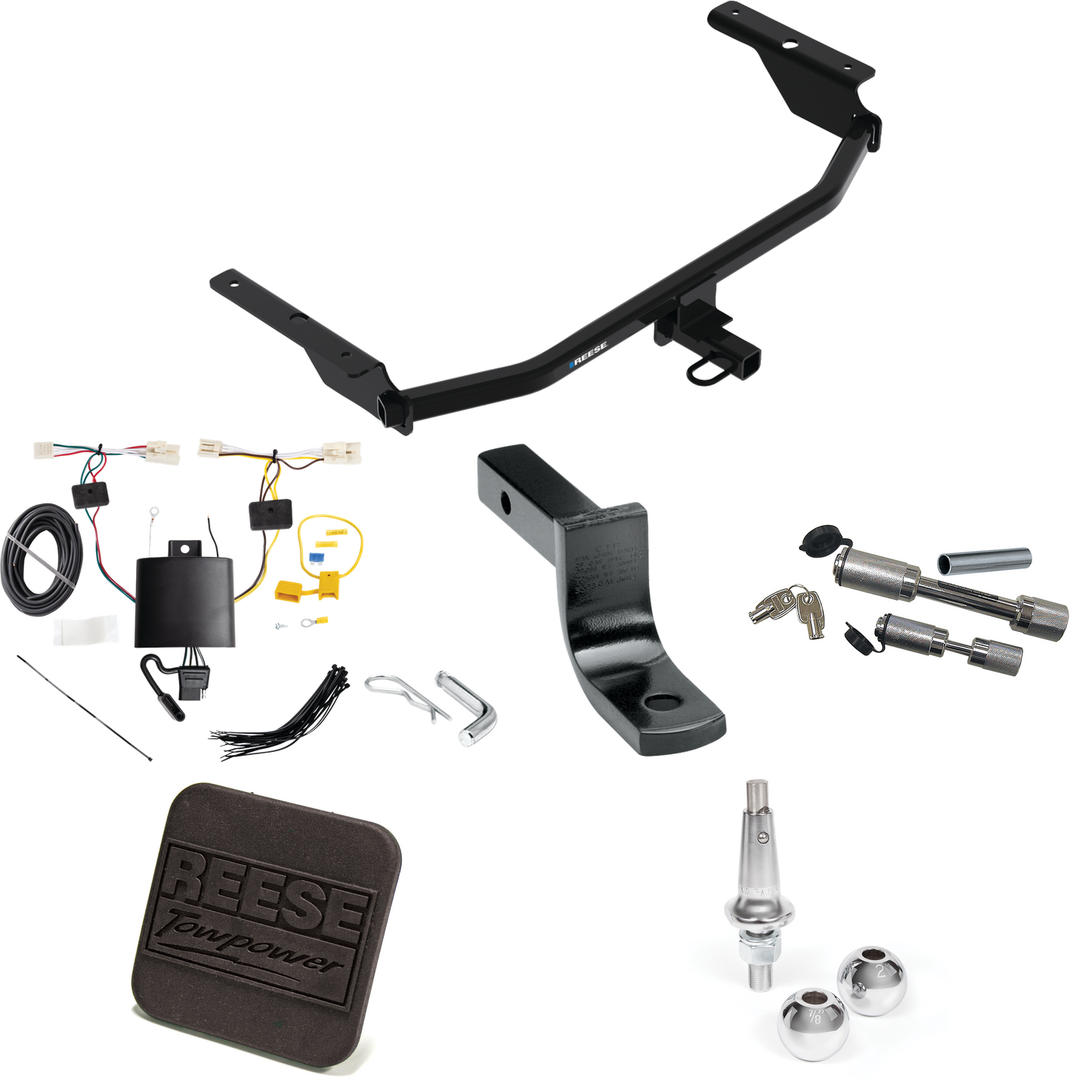 Fits 2021-2023 Hyundai Elantra Trailer Hitch Tow PKG w/ 4-Flat Wiring Harness + Draw-Bar + Interchangeable 1-7/8" & 2" Balls + Hitch Cover + Dual Hitch & Coupler Locks (Excludes: Hybrid & N Line Models) By Reese Towpower