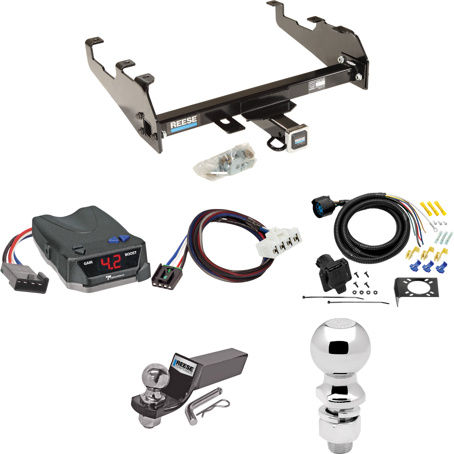 Fits 1995-2001 Dodge Ram 1500 Trailer Hitch Tow PKG w/ Tekonsha BRAKE-EVN Brake Control + Plug & Play BC Adapter + 7-Way RV Wiring + 2" & 2-5/16" Ball & Drop Mount (For w/Deep Drop Bumper Models) By Reese Towpower