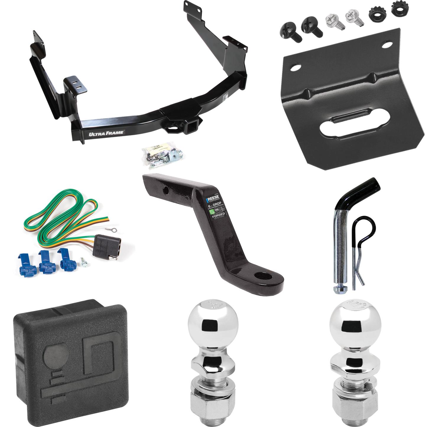 Fits 2007-2021 Toyota Tundra Trailer Hitch Tow PKG w/ 4-Flat Wiring Harness + Ball Mount w/ 6" Drop + Pin/Clip + 2" Ball + 2-5/16" Ball + Hitch Cover + Wiring Bracket (For (See Footnote CP) Models) By Draw-Tite