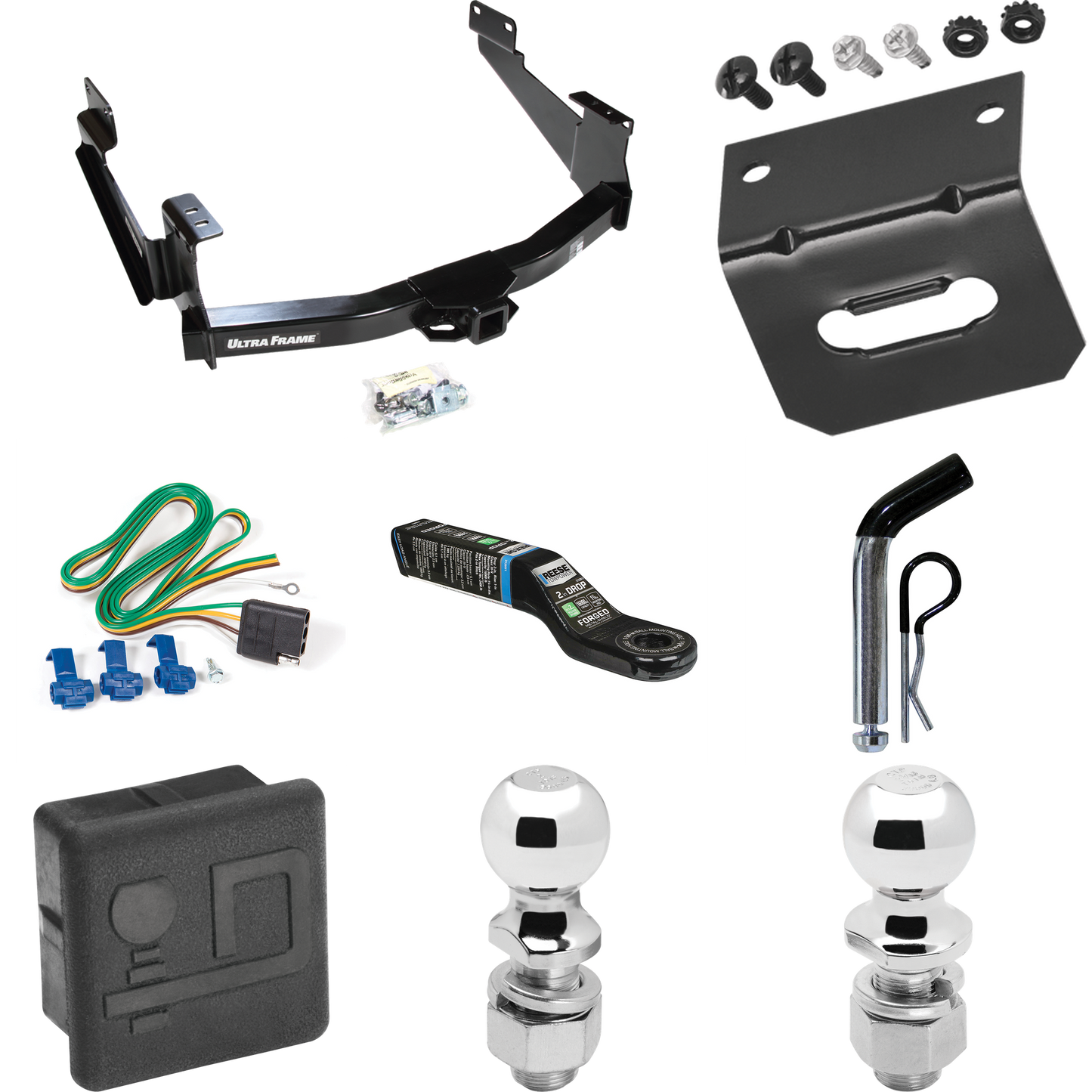 Fits 2007-2021 Toyota Tundra Trailer Hitch Tow PKG w/ 4-Flat Wiring Harness + Ball Mount w/ 2" Drop + Pin/Clip + 2" Ball + 2-5/16" Ball + Hitch Cover + Wiring Bracket (For (See Footnote CP) Models) By Draw-Tite