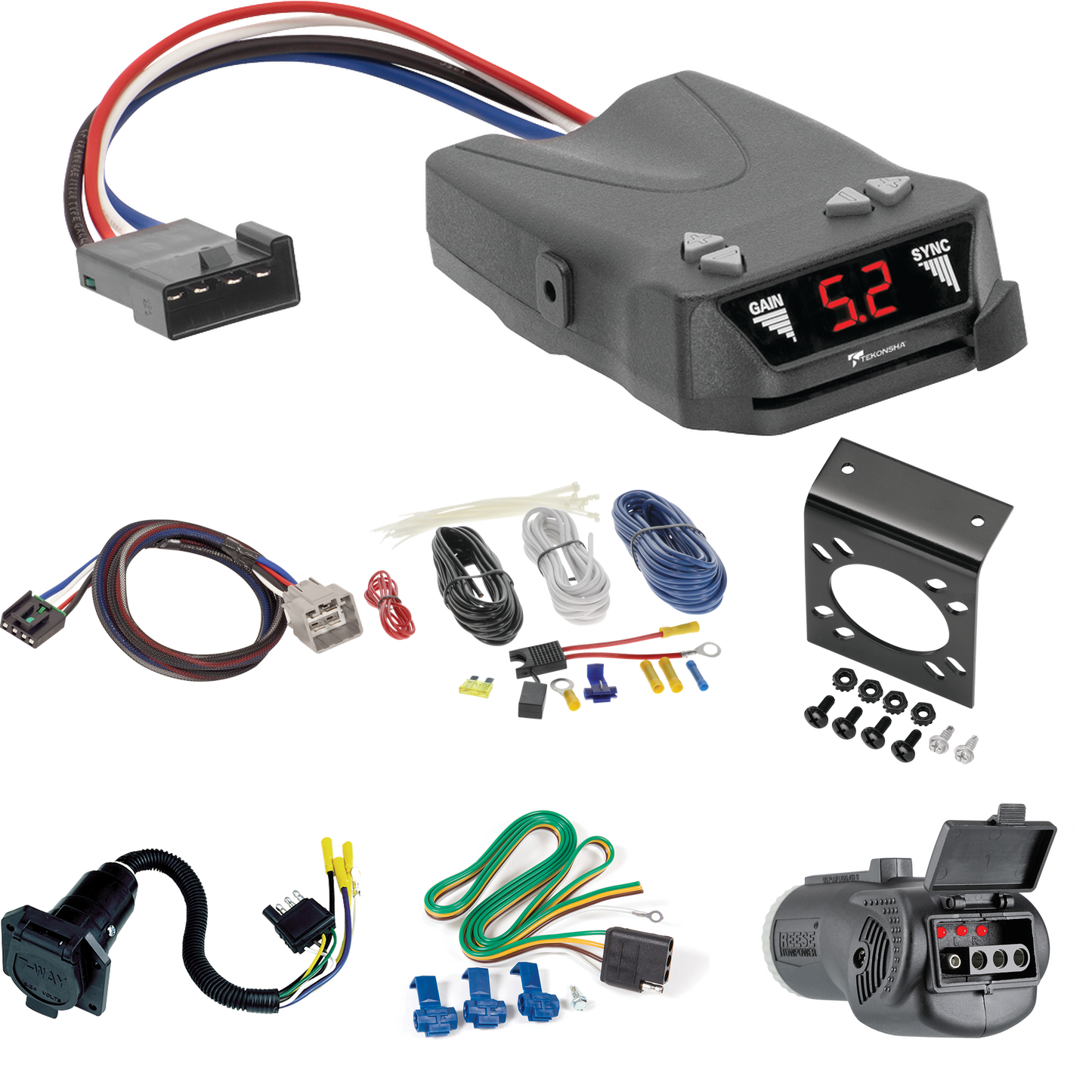 Se adapta al cableado de RV de 7 vías RAM 2500 2011-2012 + control de frenos Tekonsha Brakeman IV + adaptador BC Plug &amp; Play + probador 2 en 1 y adaptador de 7 a 4 vías de Reese Towpower